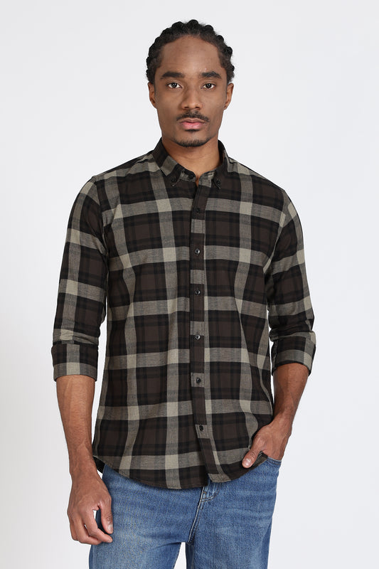Regular Fit Black Olive Plaid Checked Shirt