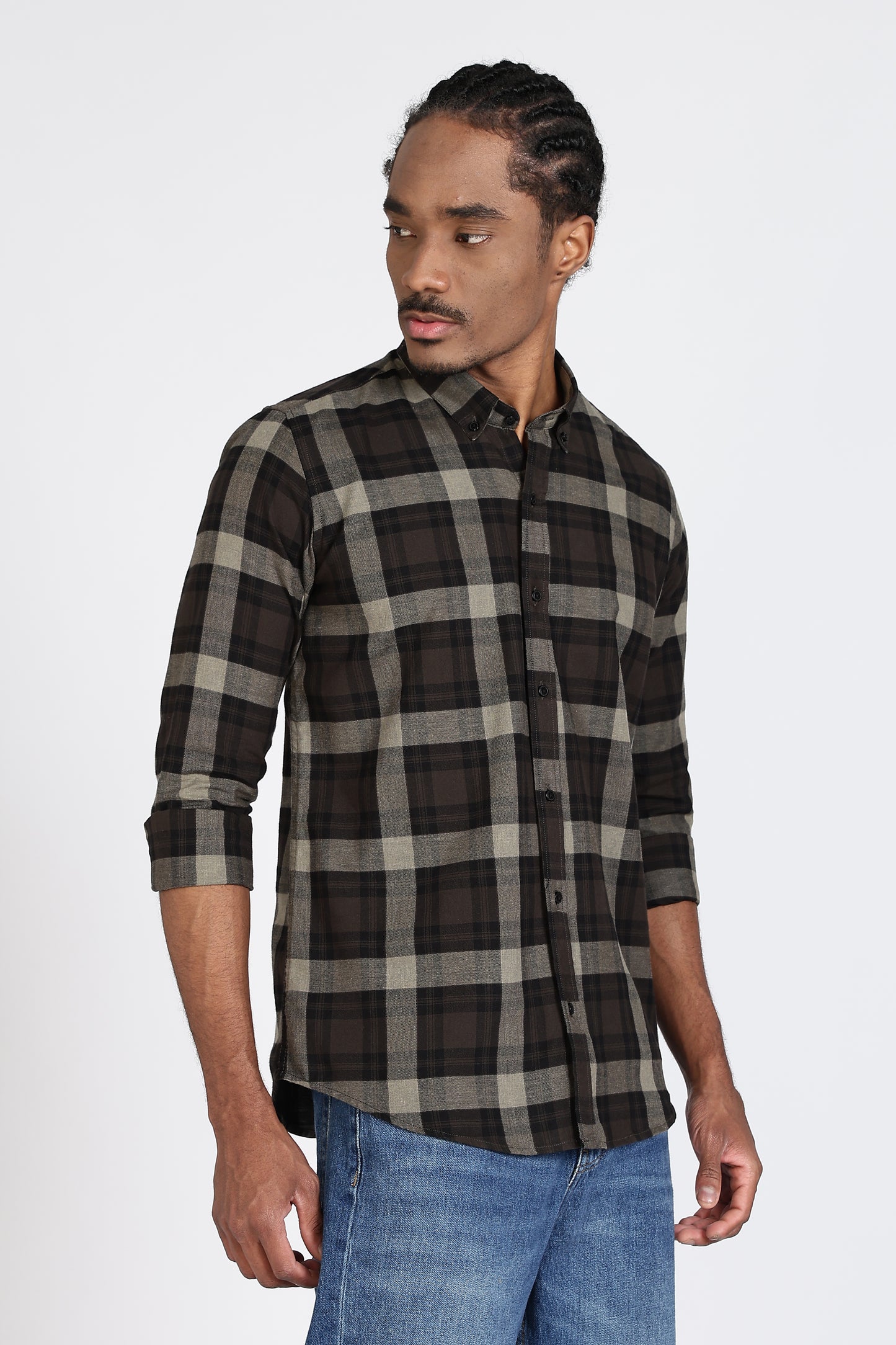 Regular Fit Black Olive Plaid Checked Shirt