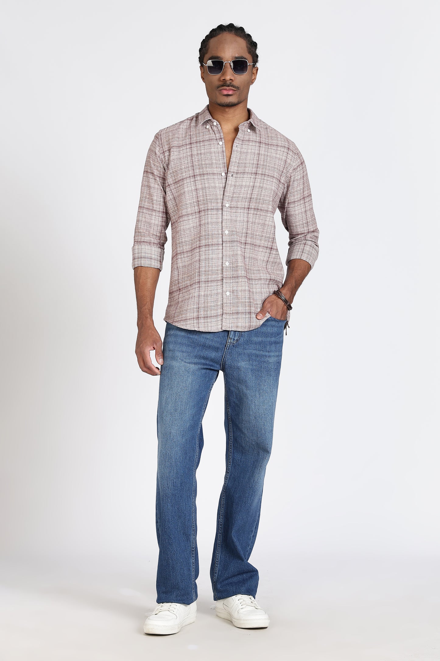 Regular Fit Light Brown Plaid Checked Shirt