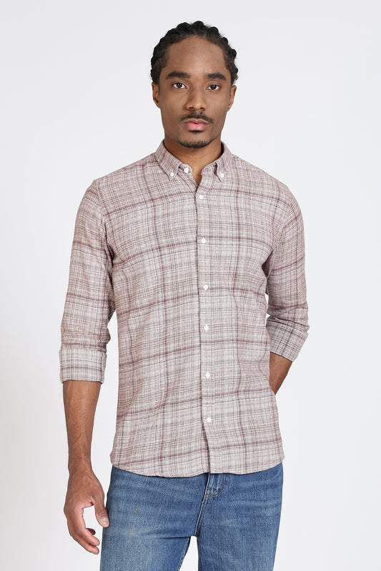 Regular Fit Light Brown Plaid Checked Shirt
