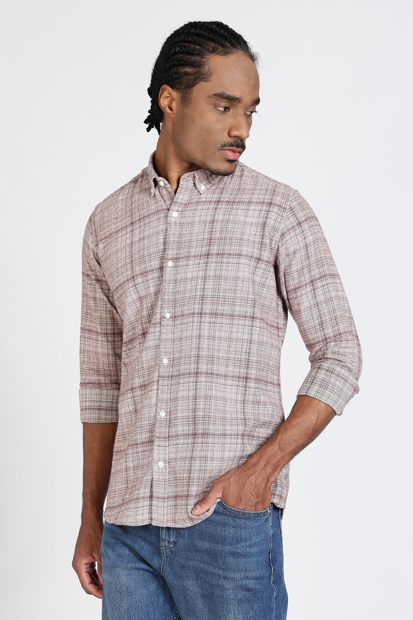 Regular Fit Light Brown Plaid Checked Shirt