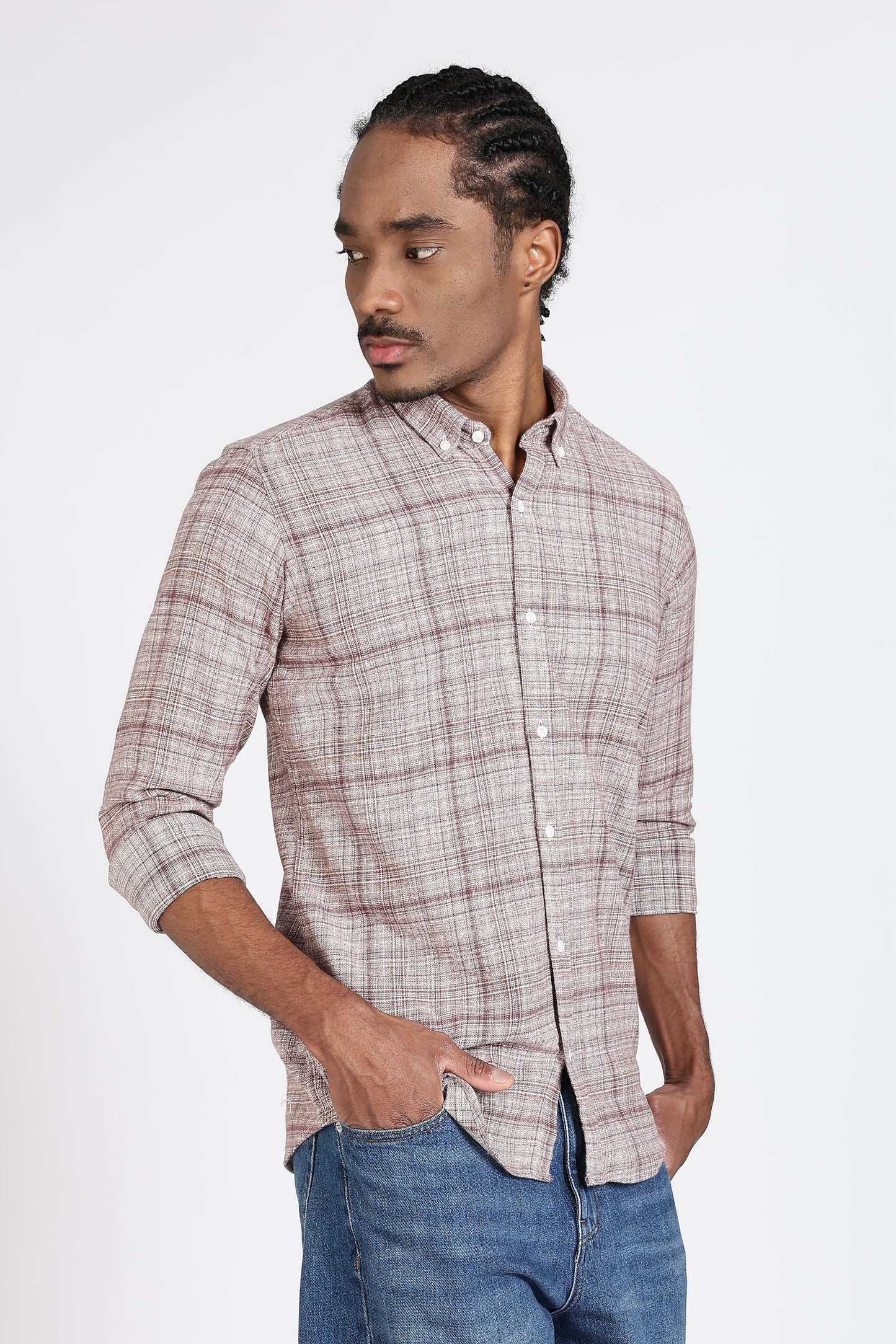 Regular Fit Light Brown Plaid Checked Shirt