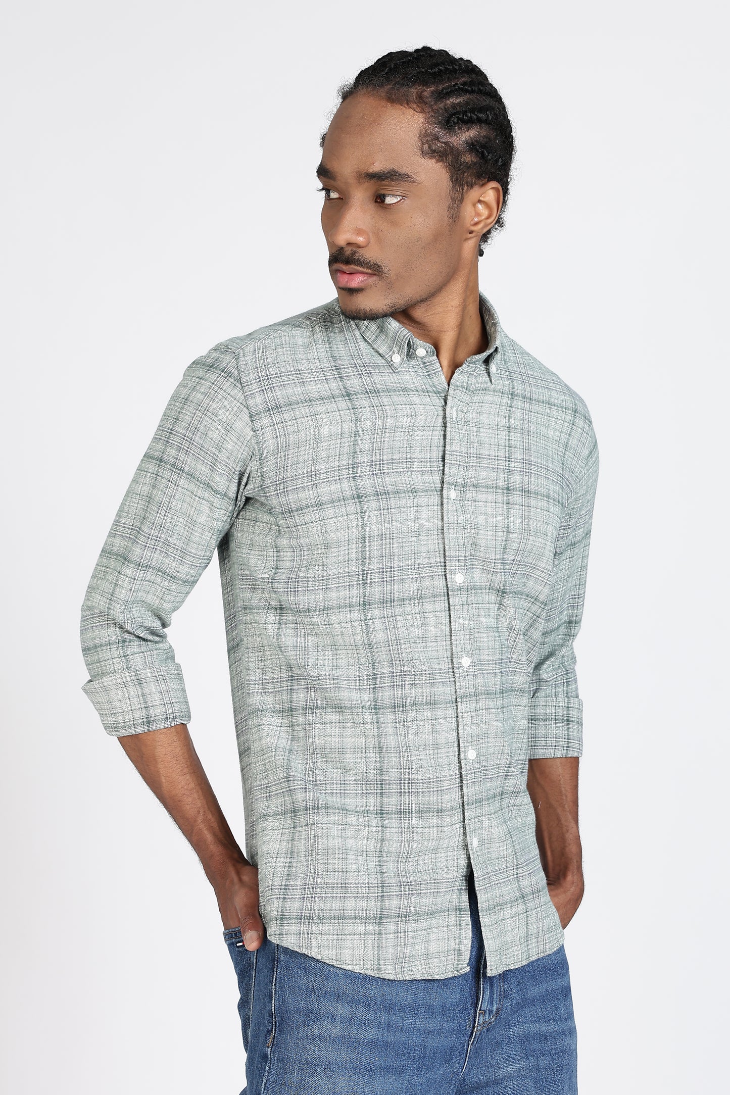 Regular Fit Light Green Plaid Checked Shirt