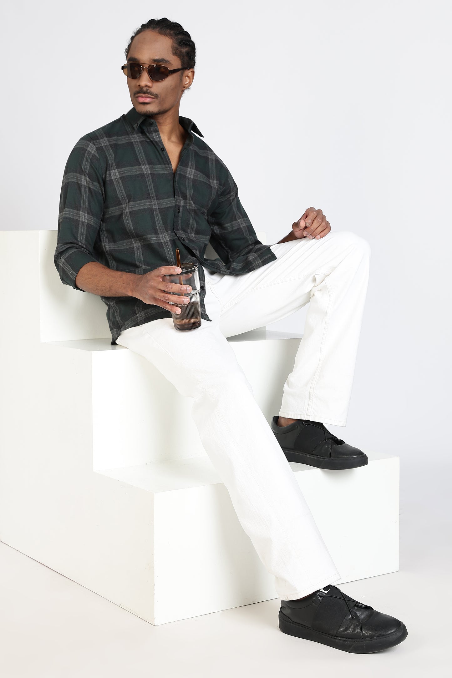 Regular Fit Dark Green & Grey Windowpane Checked Shirt