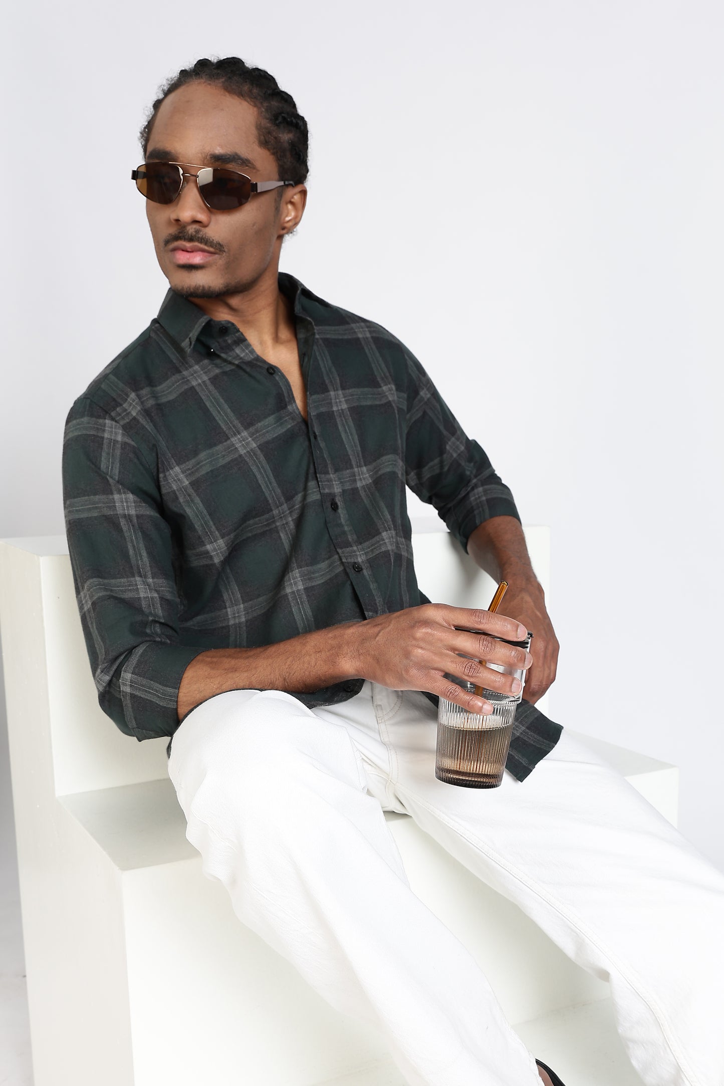 Regular Fit Dark Green & Grey Windowpane Checked Shirt