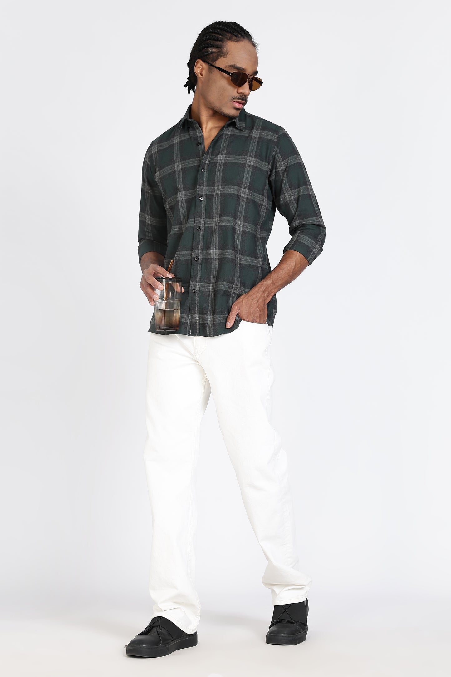 Regular Fit Dark Green & Grey Windowpane Checked Shirt