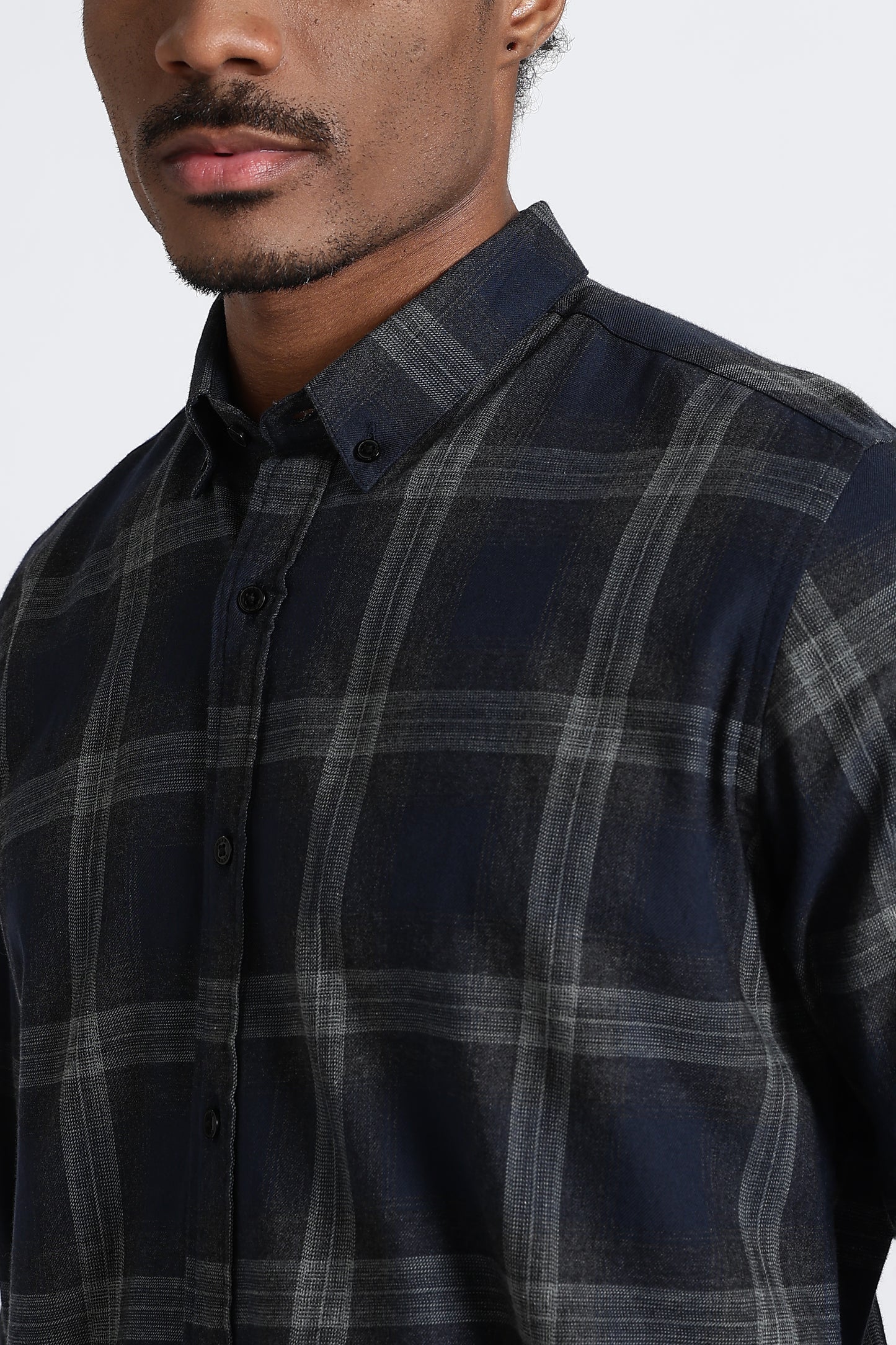 Regular Fit Navy Blue & Grey Windowpane Checked Shirt