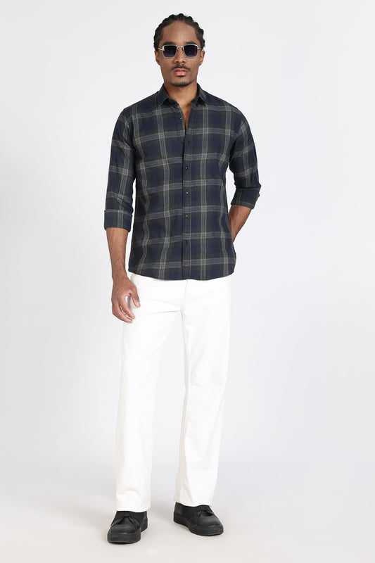 Regular Fit Navy Blue & Grey Windowpane Checked Shirt