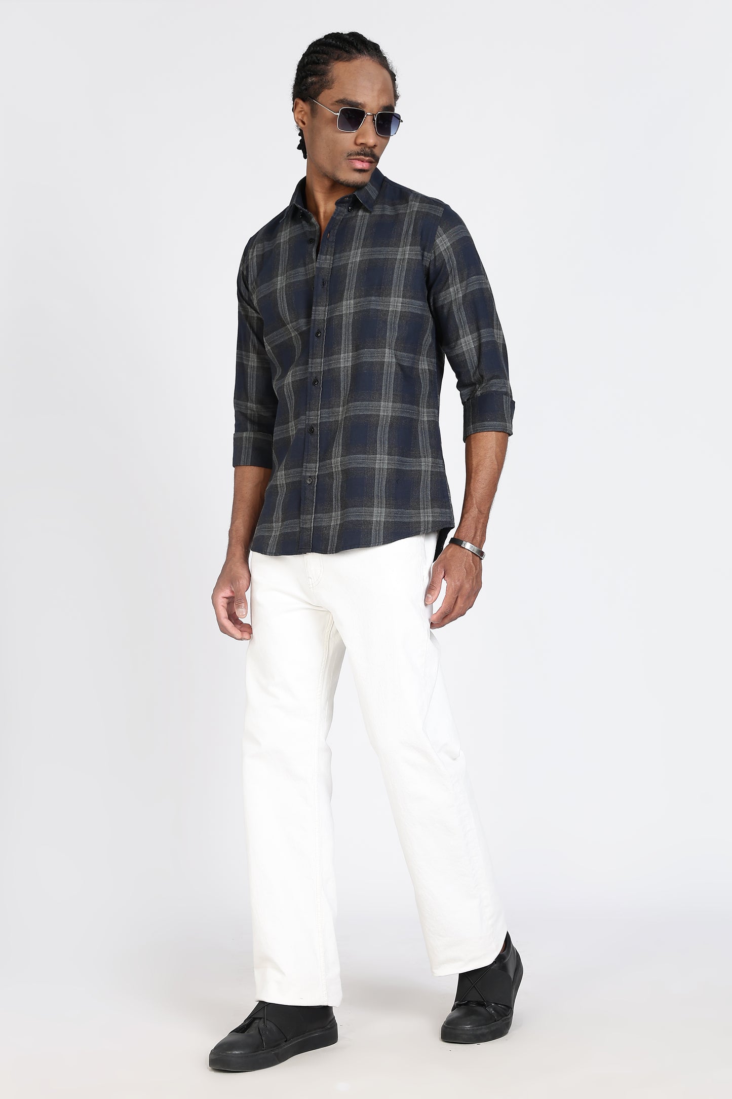 Regular Fit Navy Blue & Grey Windowpane Checked Shirt