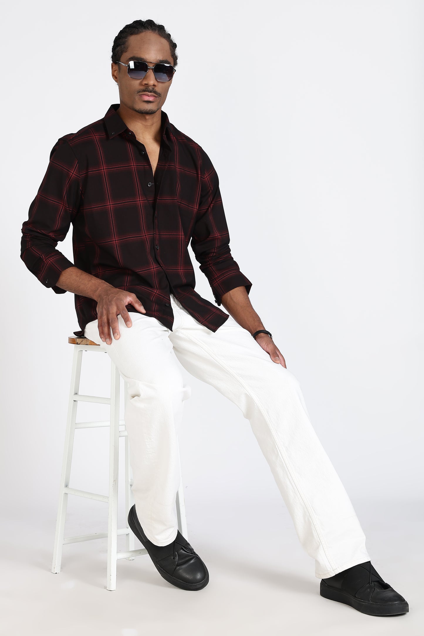 Regular Fit Black & Red Windowpane Check Shirt