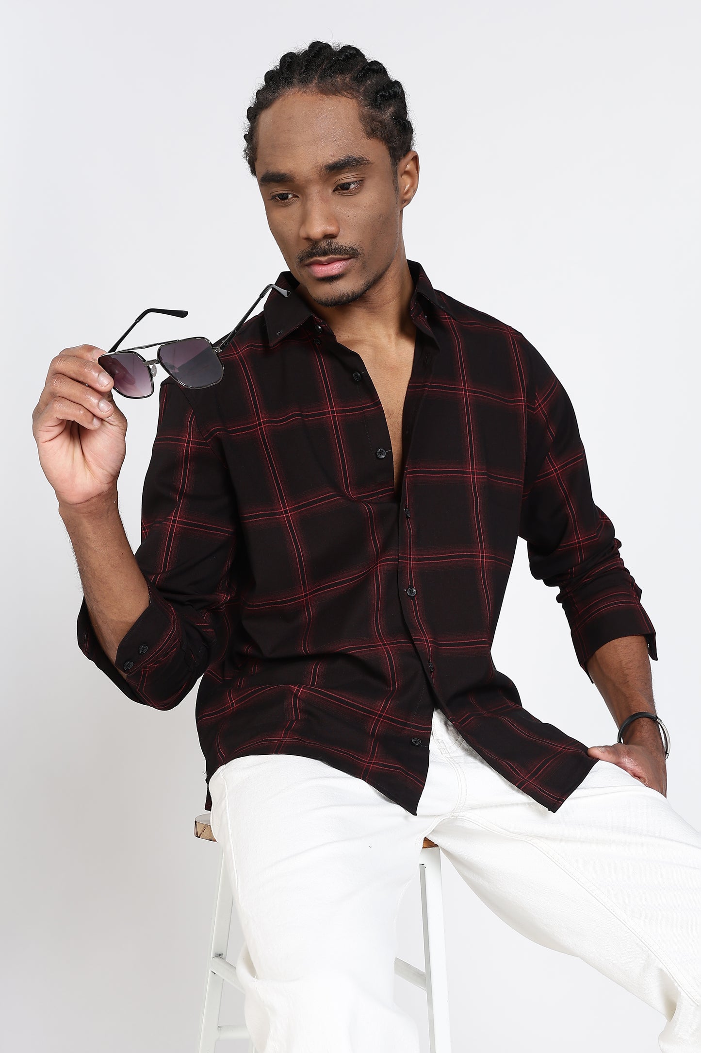 Regular Fit Black & Red Windowpane Check Shirt