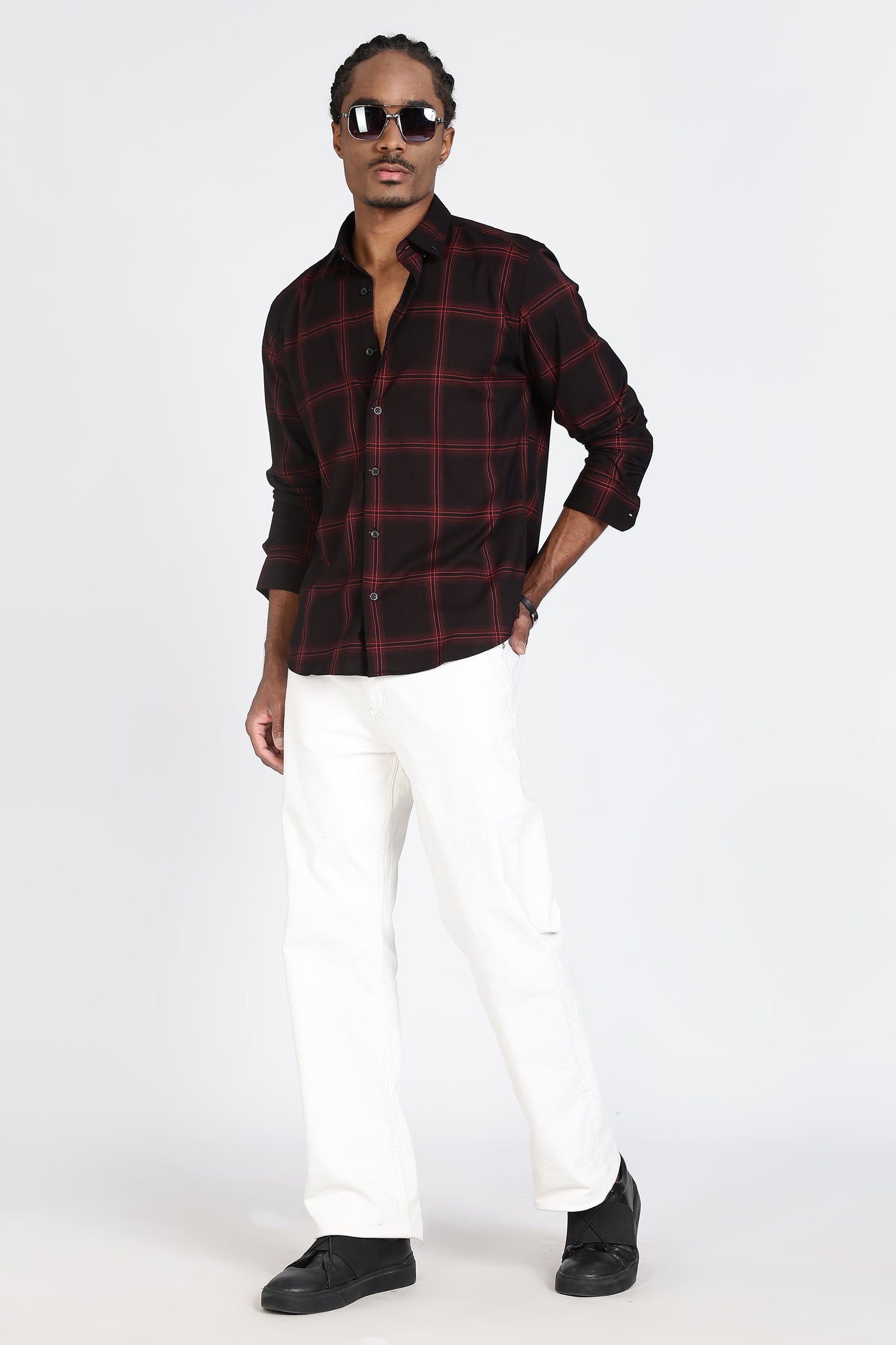 Regular Fit Black & Red Windowpane Check Shirt