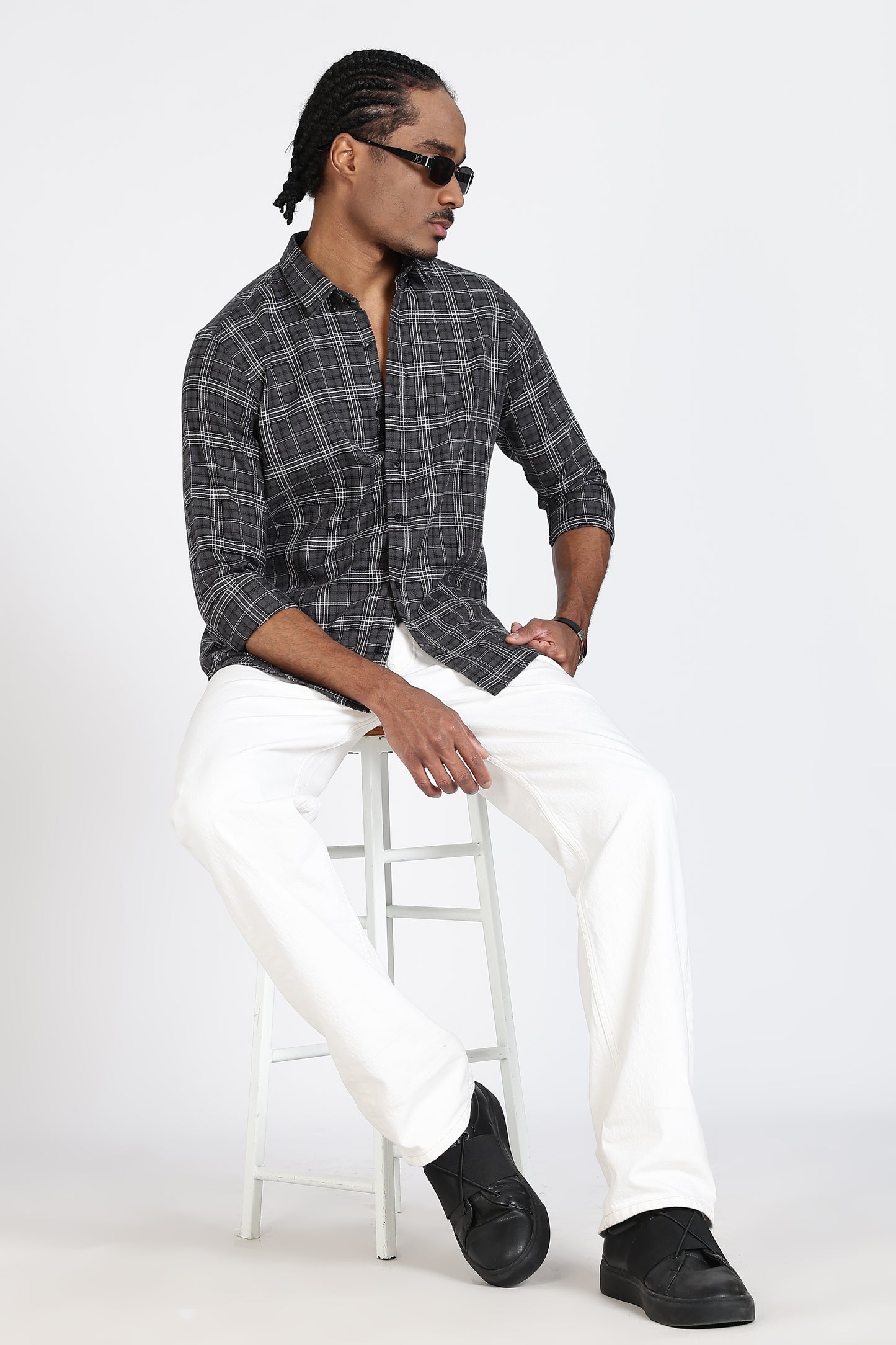 Regular Fit Charcoal Grey & White Tartan Checked Shirt.