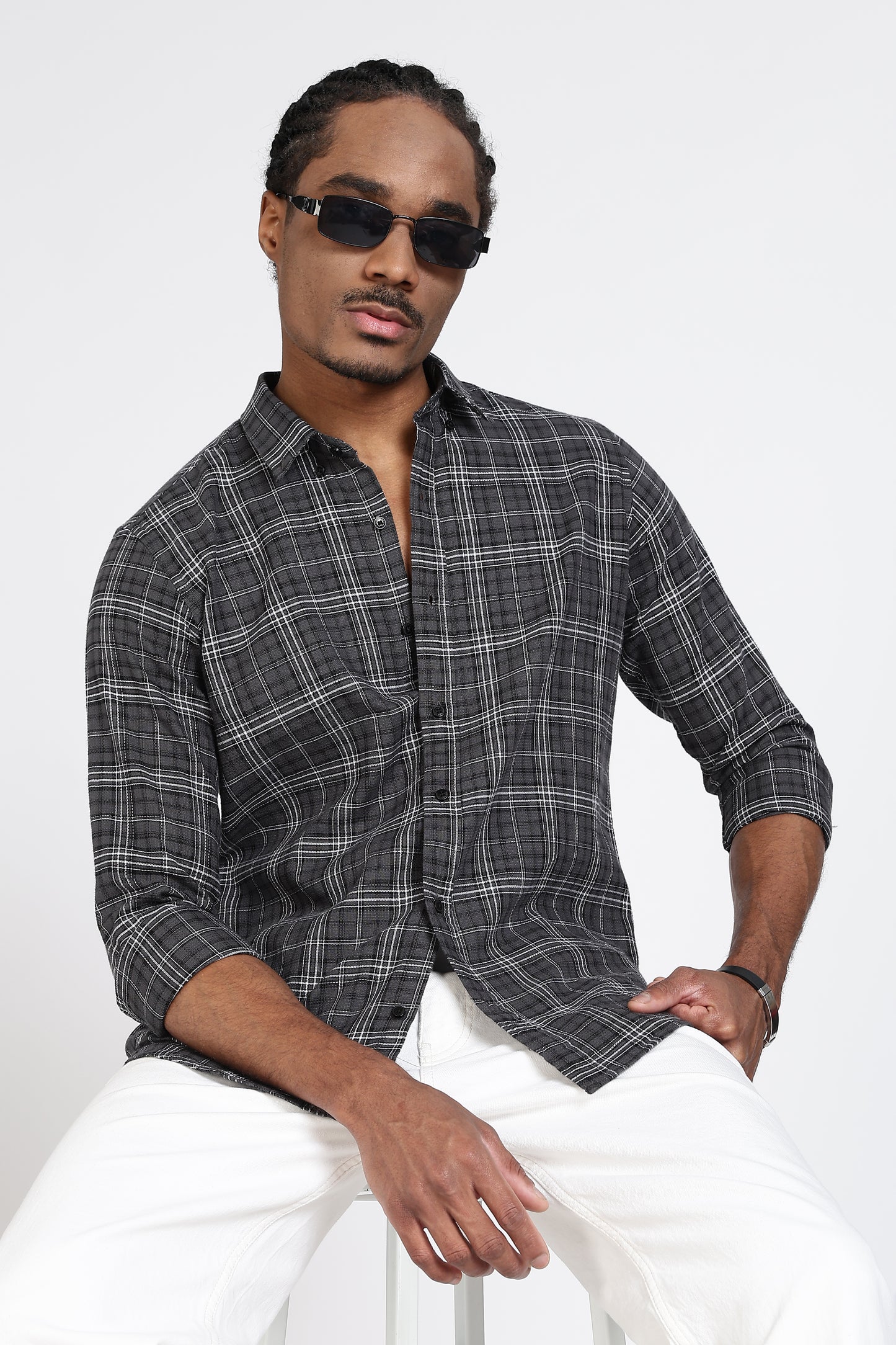 Regular Fit Charcoal Grey & White Tartan Checked Shirt.