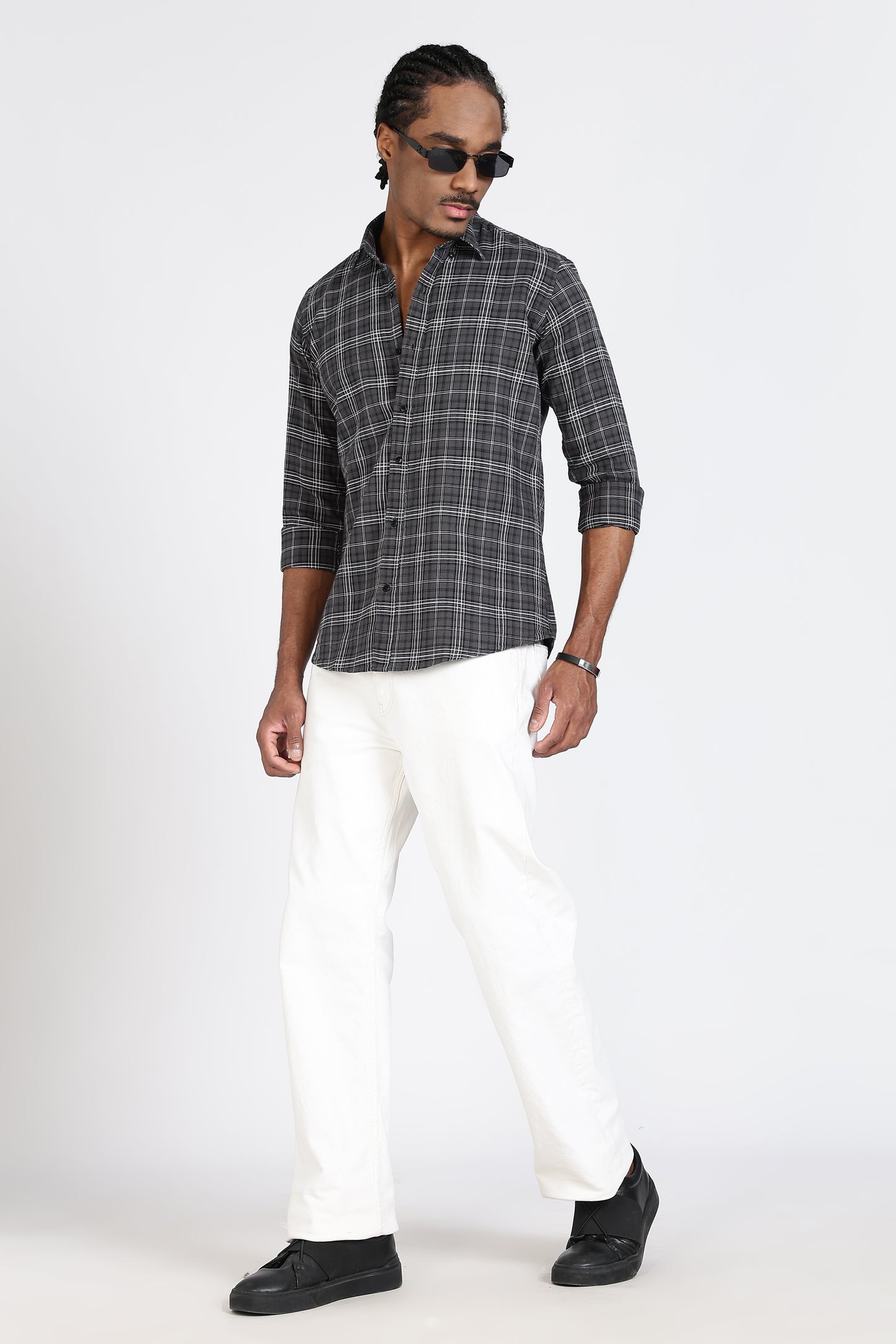 Regular Fit Charcoal Grey & White Tartan Checked Shirt.