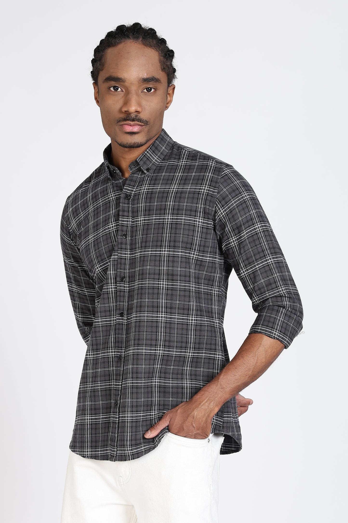 Regular Fit Charcoal Grey & White Tartan Checked Shirt.