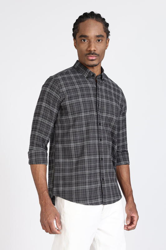 Regular Fit Charcoal Grey & White Tartan Checked Shirt.