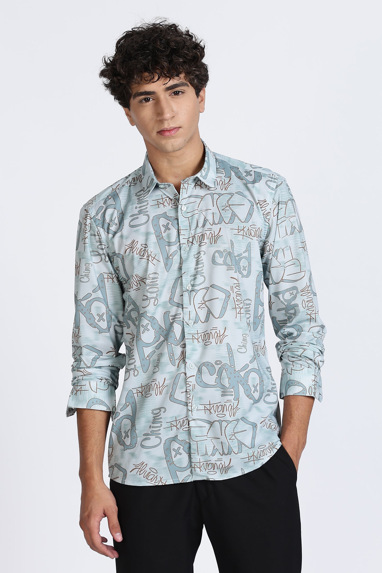 Light Blue Abstract Printed Melange Shirt
