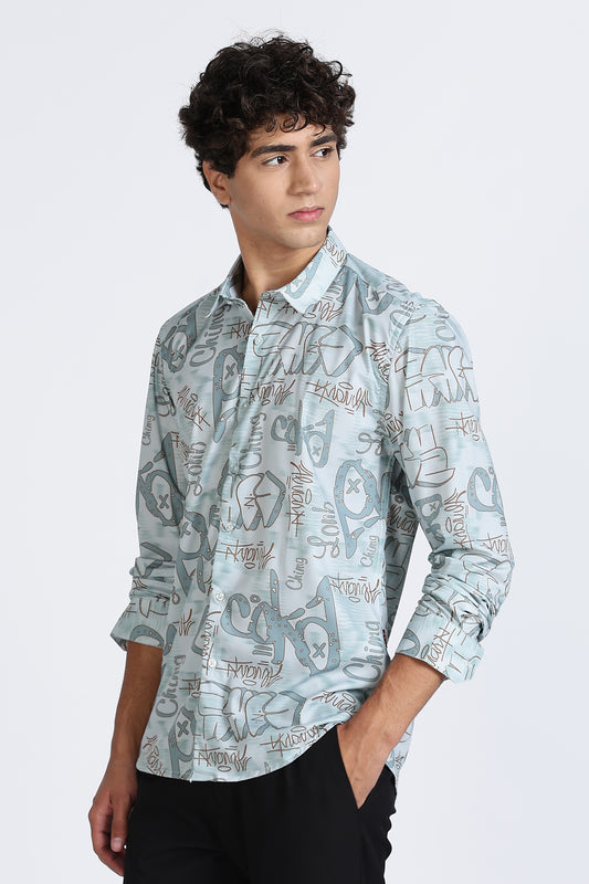 Light Blue Abstract Printed Melange Shirt