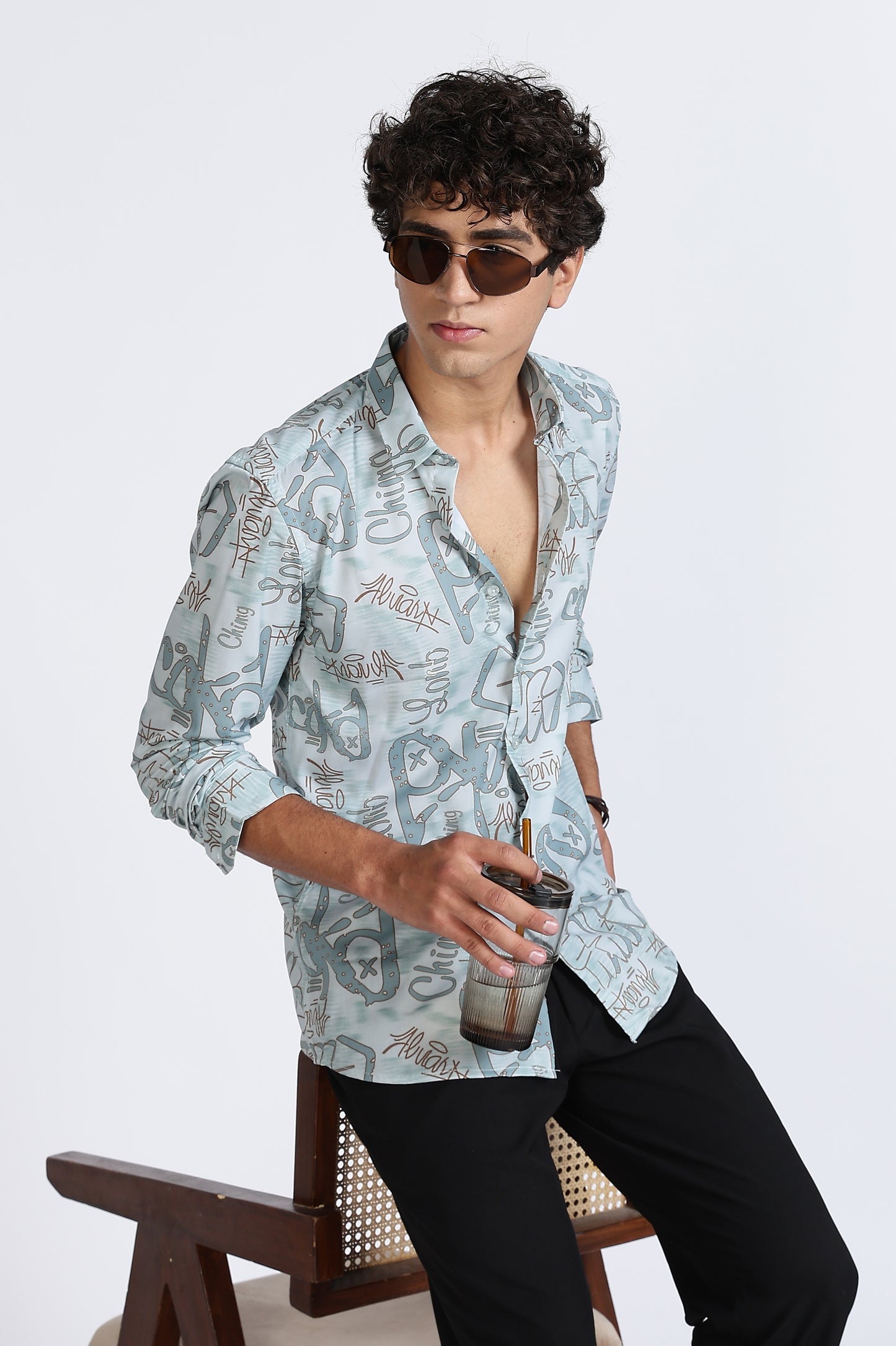 Light Blue Abstract Printed Melange Shirt