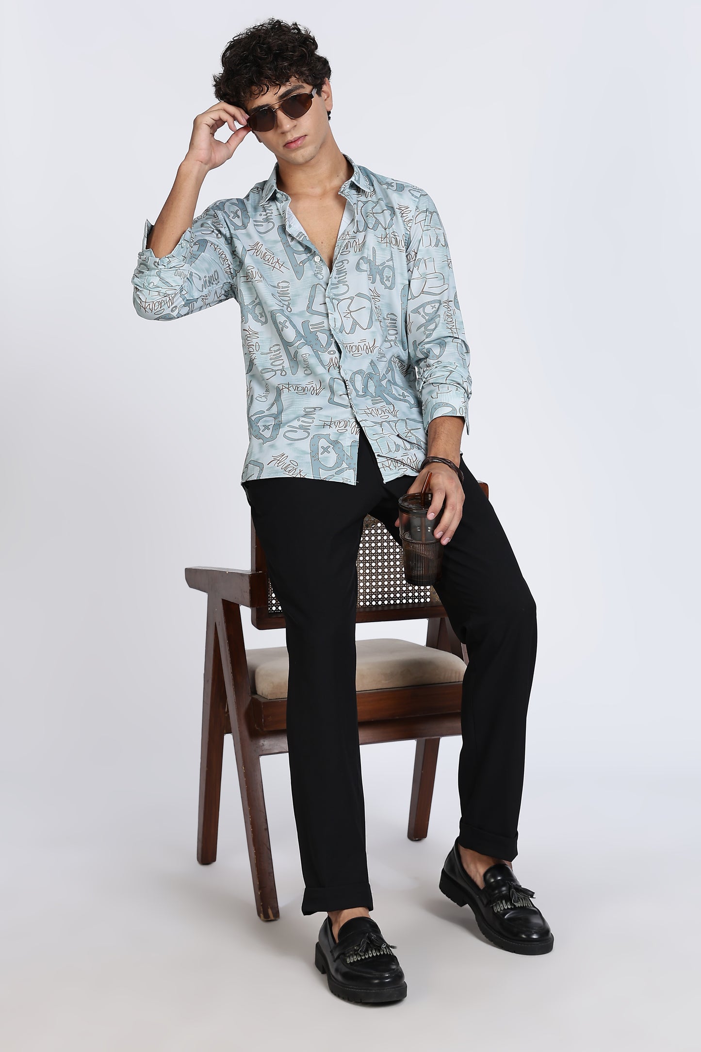 Light Blue Abstract Printed Melange Shirt