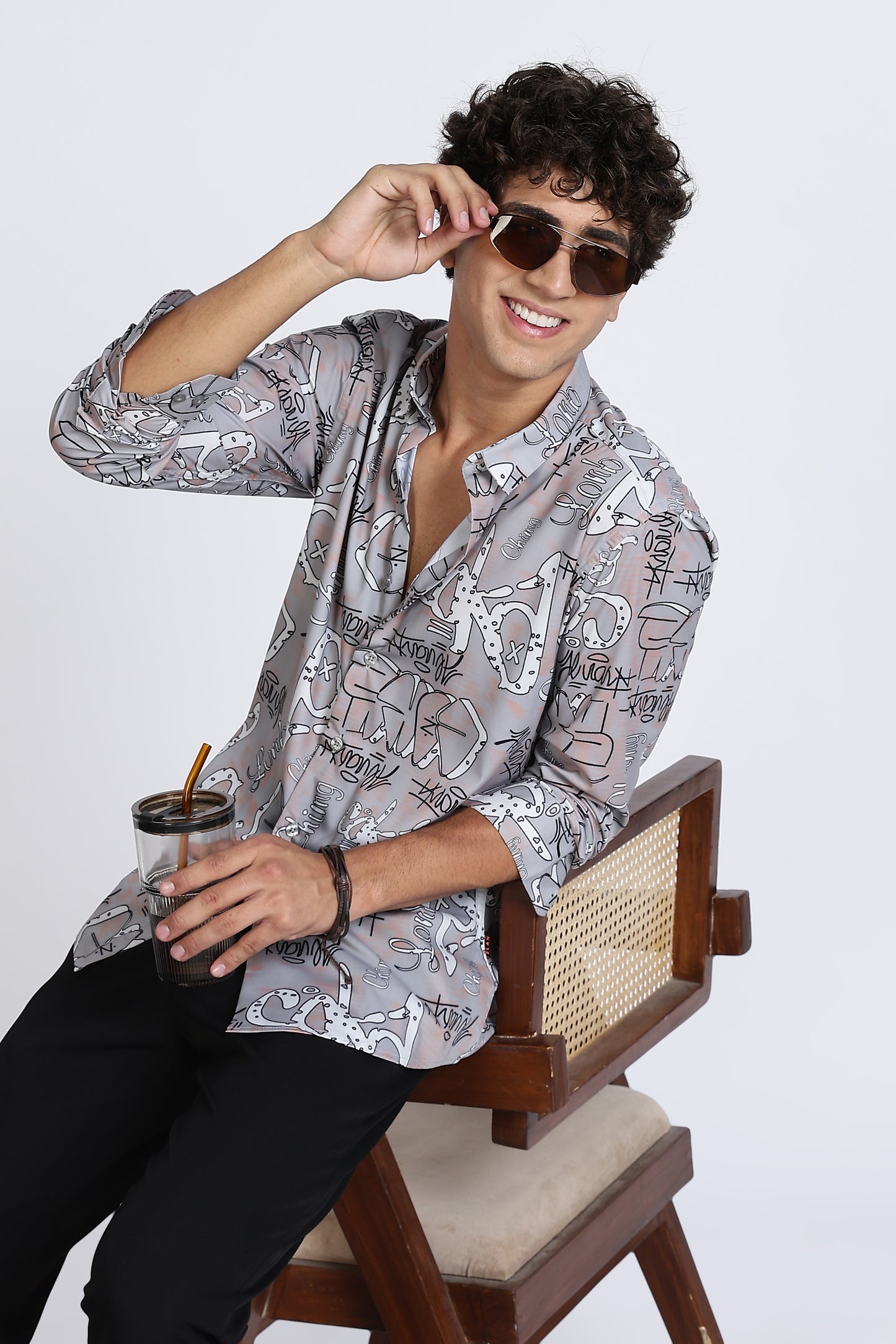 Grey Abstract Printed Melange Shirt