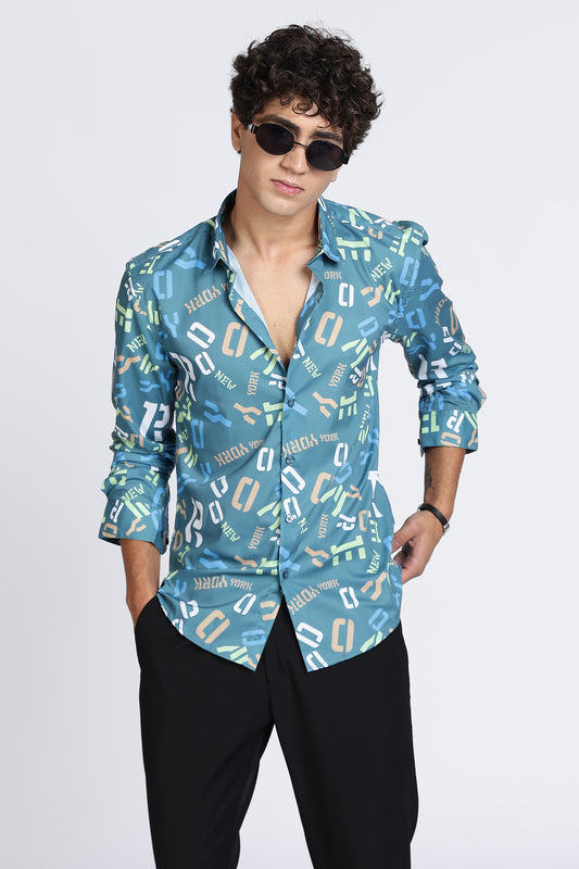 Teal Abstract Printed Melange Shirt