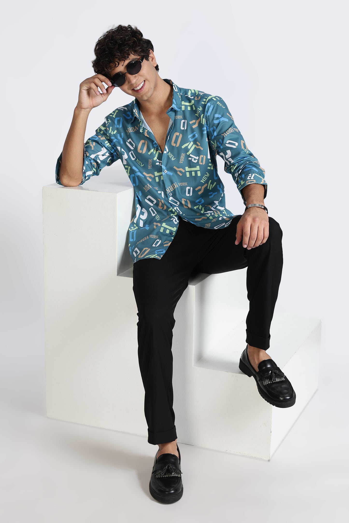 Teal Abstract Printed Melange Shirt