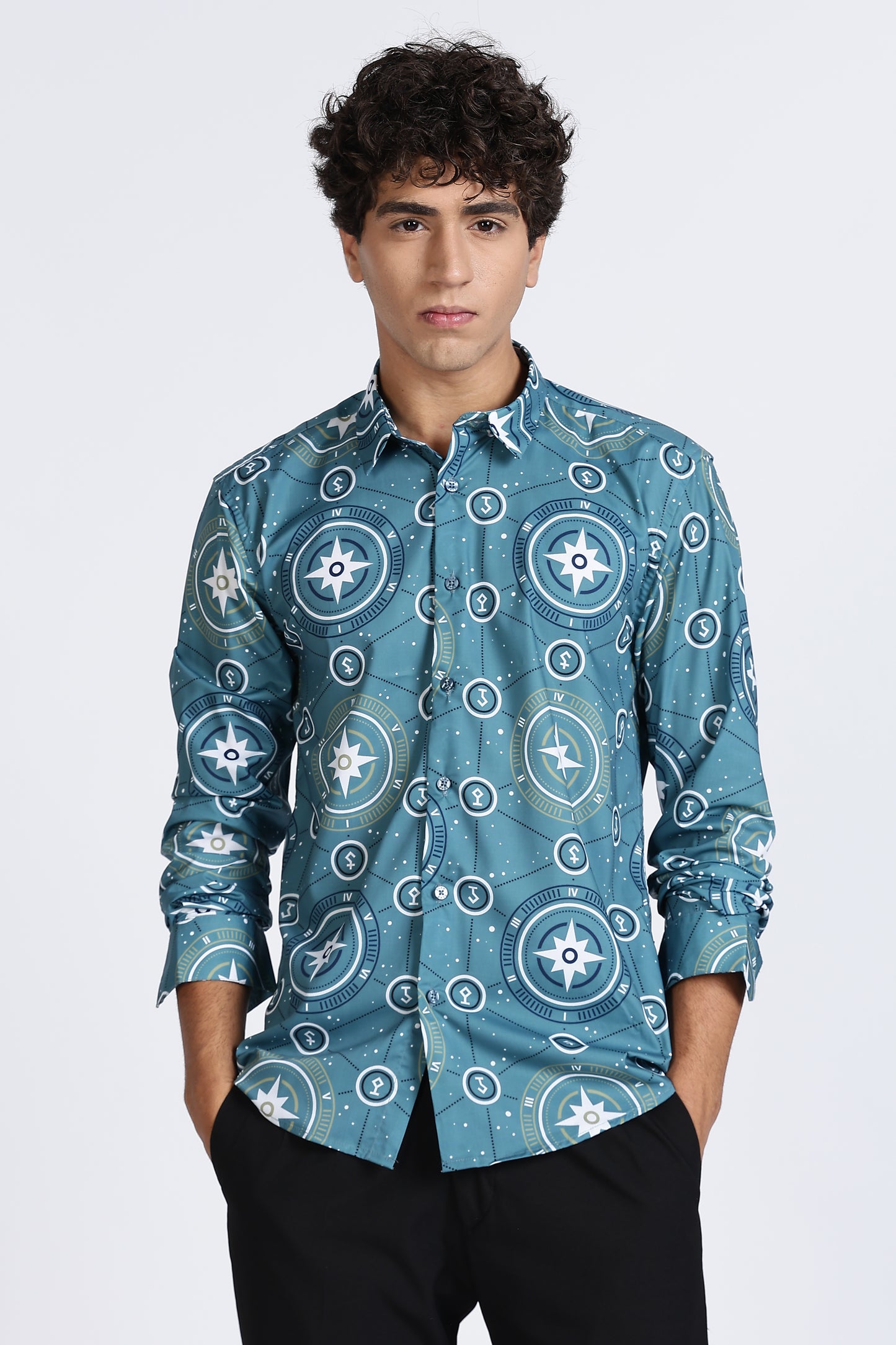 Teal Compass Printed Melange Shirt