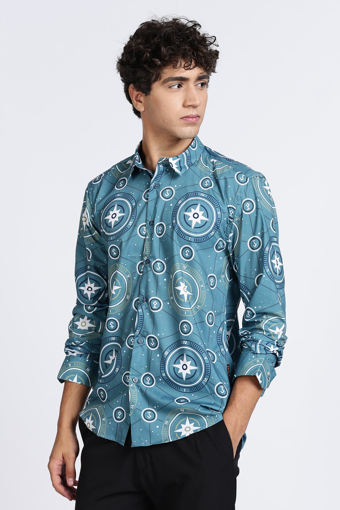 Teal Compass Printed Melange Shirt