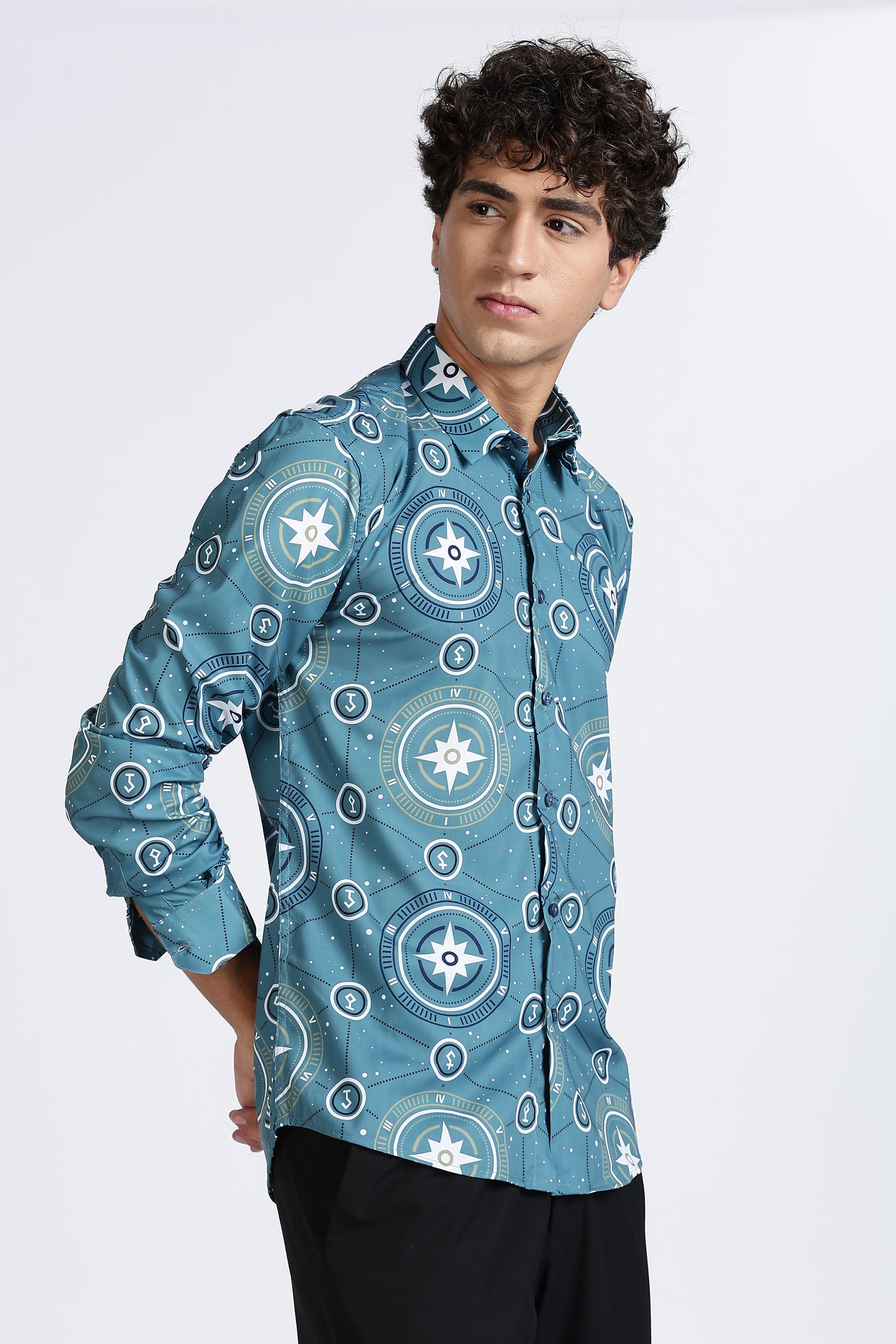 Teal Compass Printed Melange Shirt