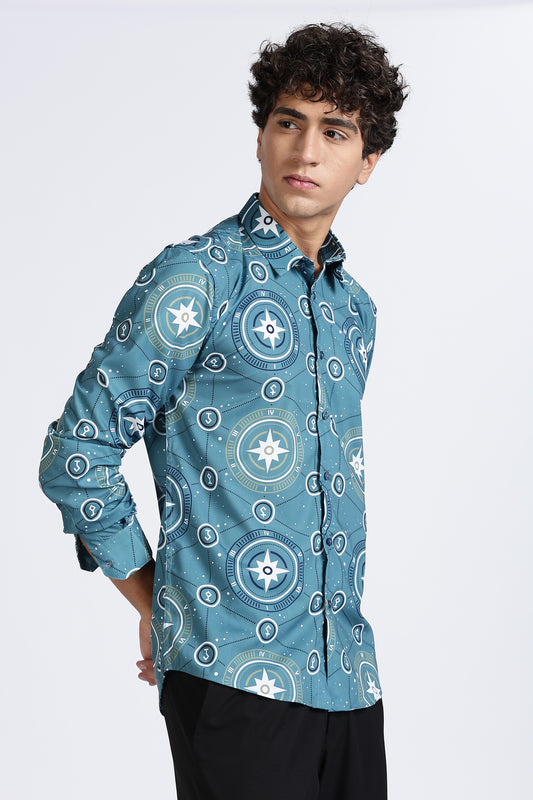 Teal Compass Printed Melange Shirt