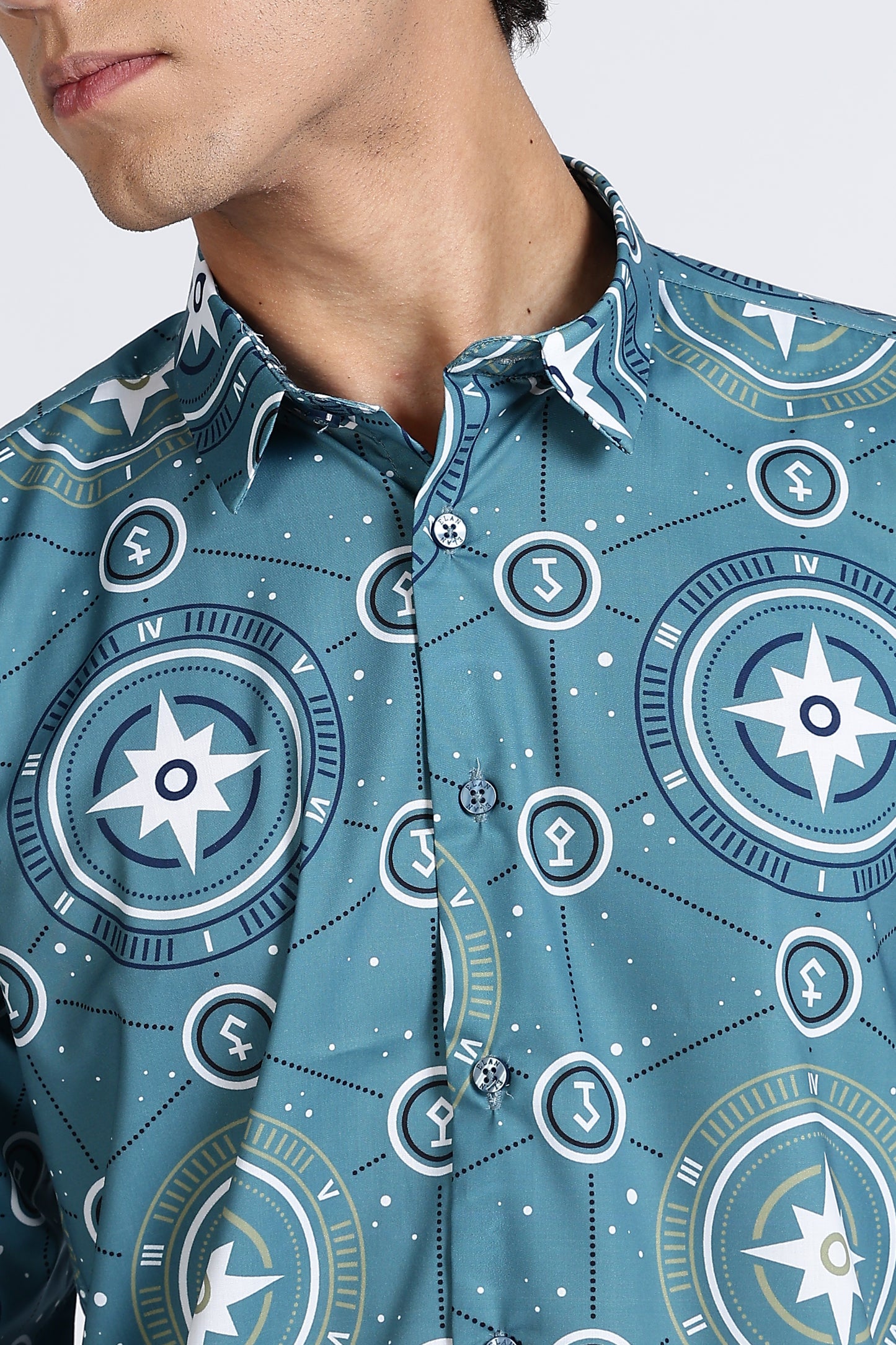 Teal Compass Printed Melange Shirt