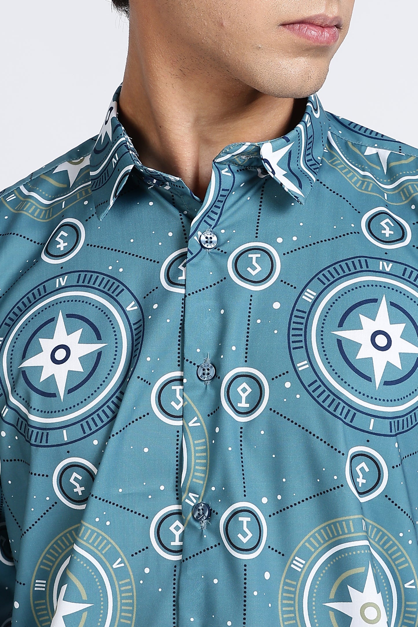 Teal Compass Printed Melange Shirt