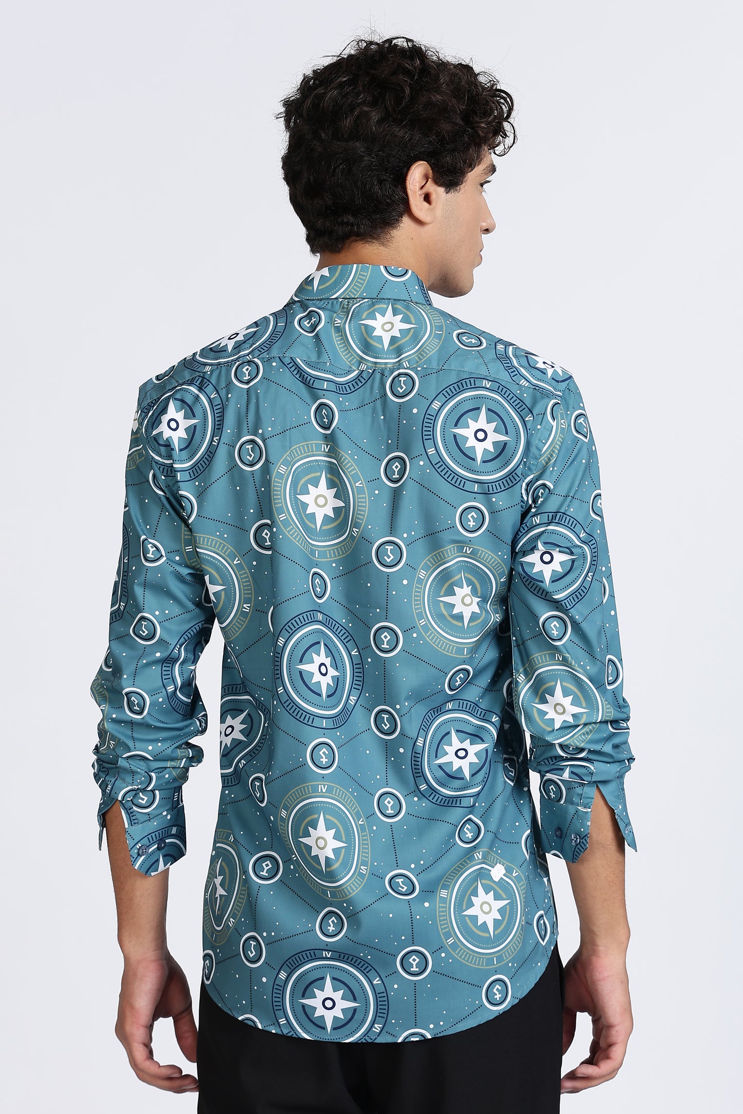 Teal Compass Printed Melange Shirt