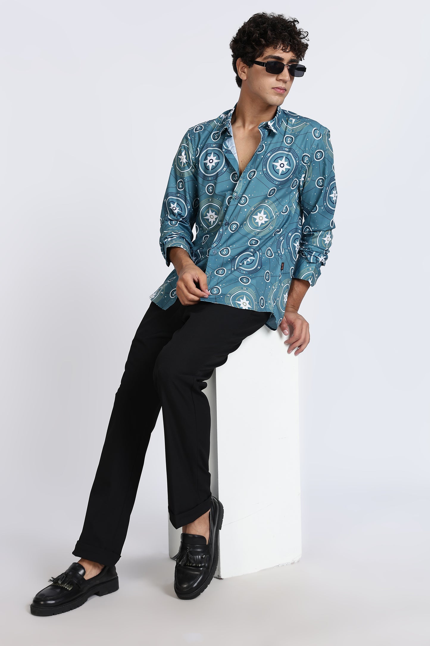 Teal Compass Printed Melange Shirt