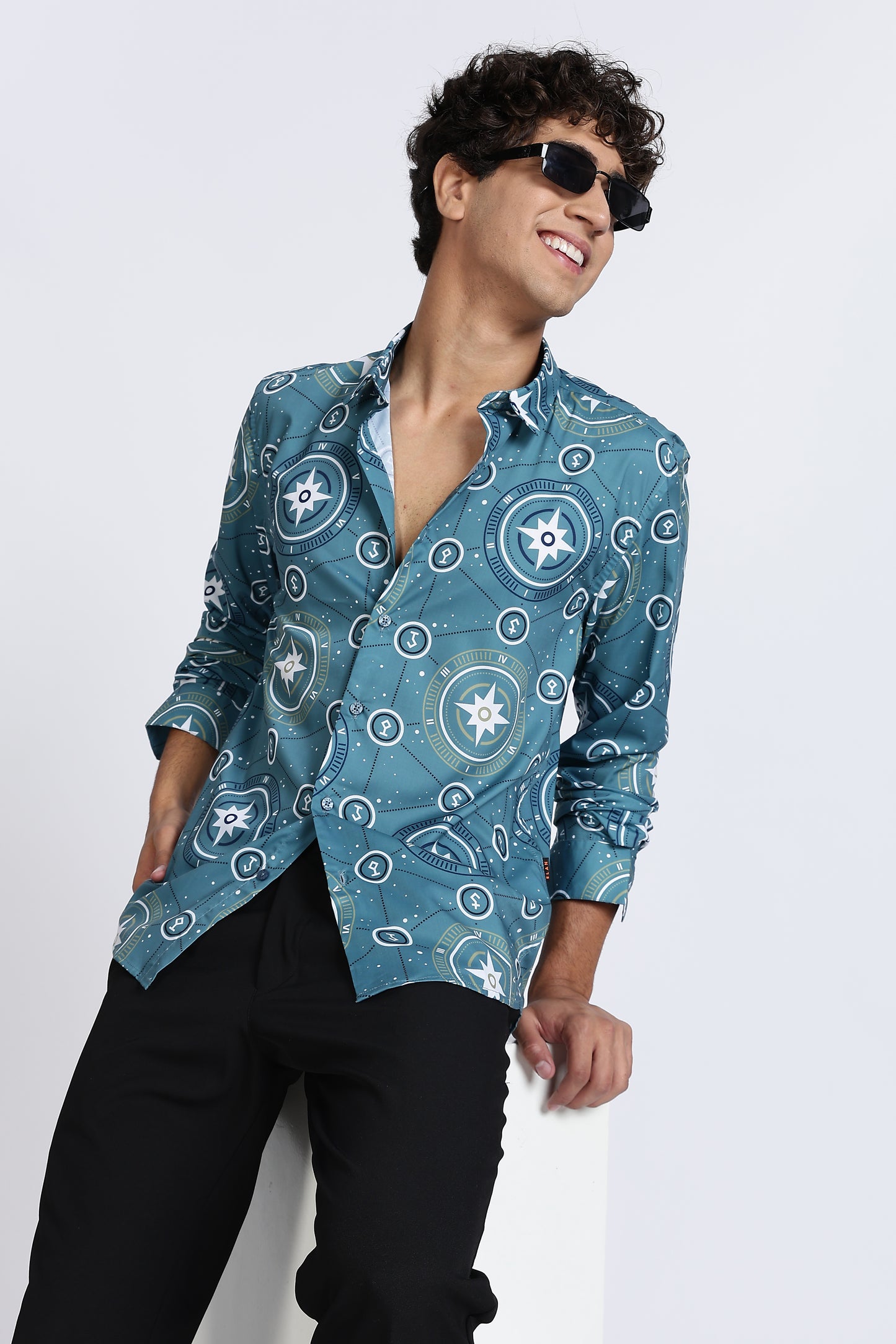 Teal Compass Printed Melange Shirt