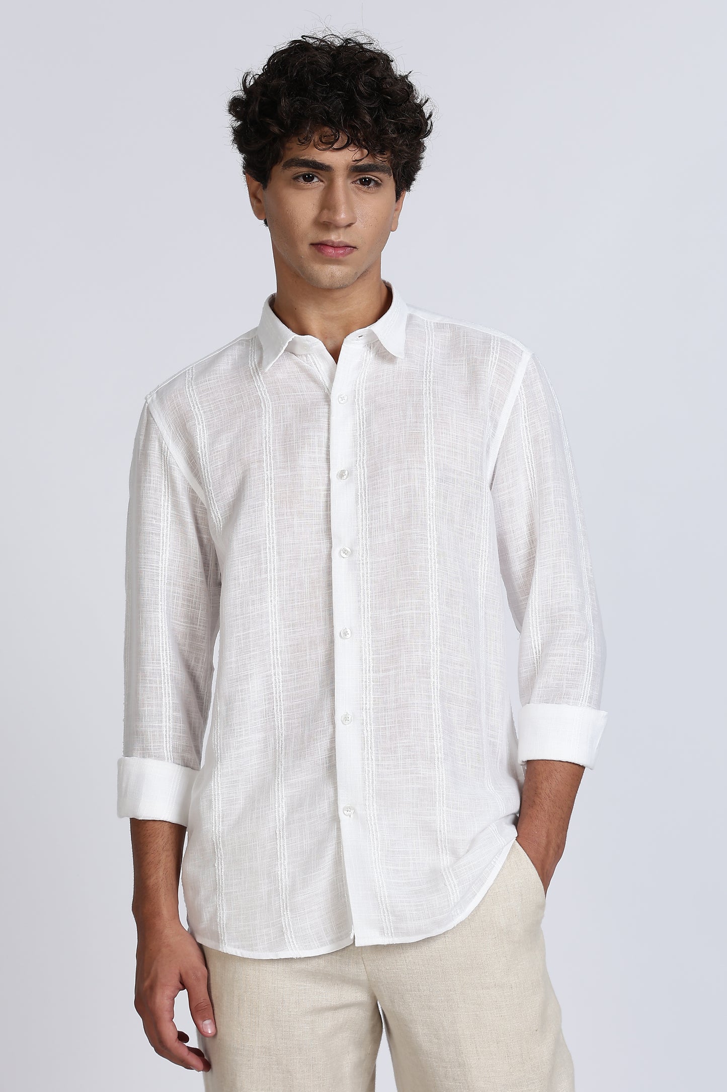 Regular Fit White Textured Linen Shirt