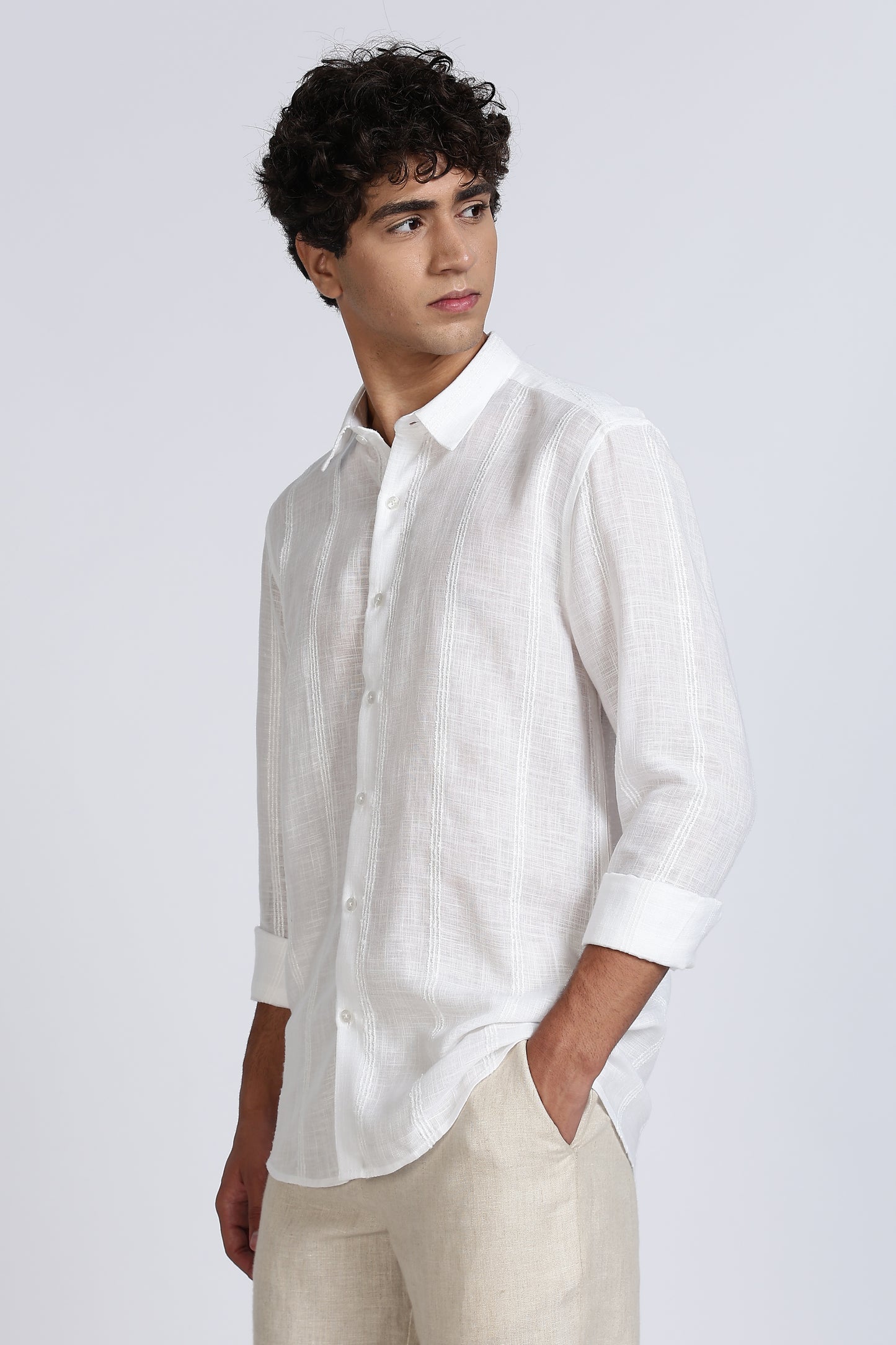 Regular Fit White Textured Linen Shirt