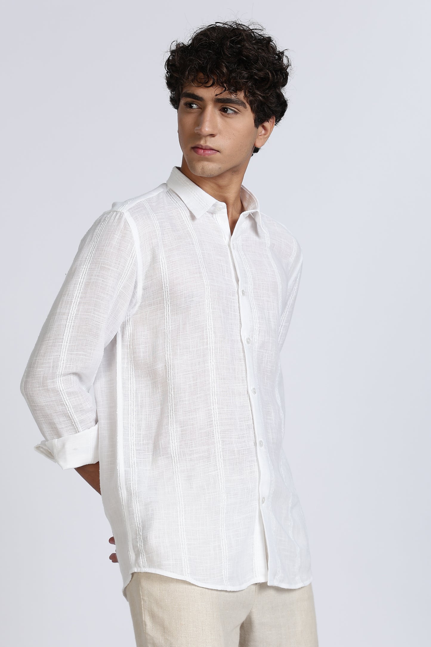 Regular Fit White Textured Linen Shirt