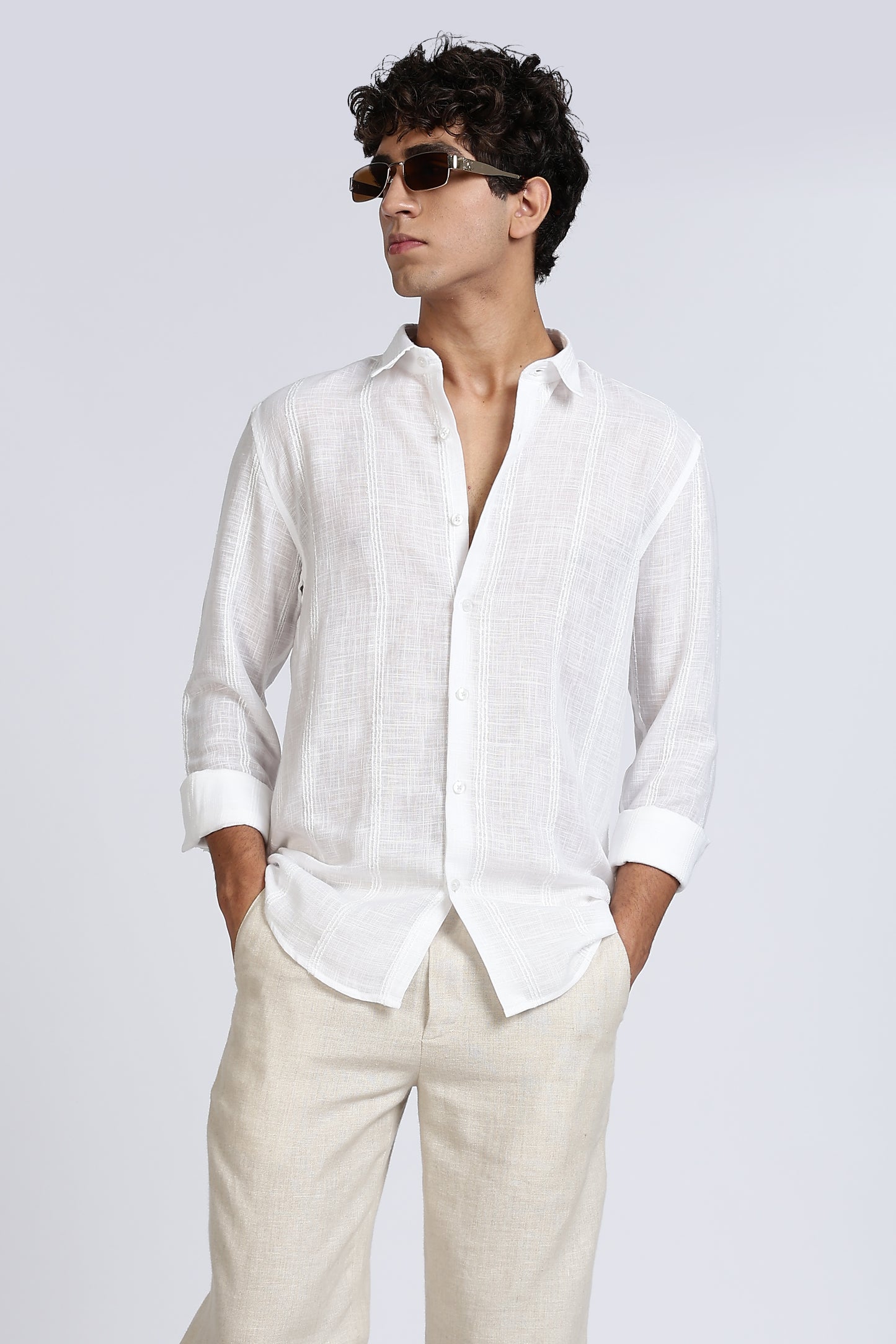 Regular Fit White Textured Linen Shirt