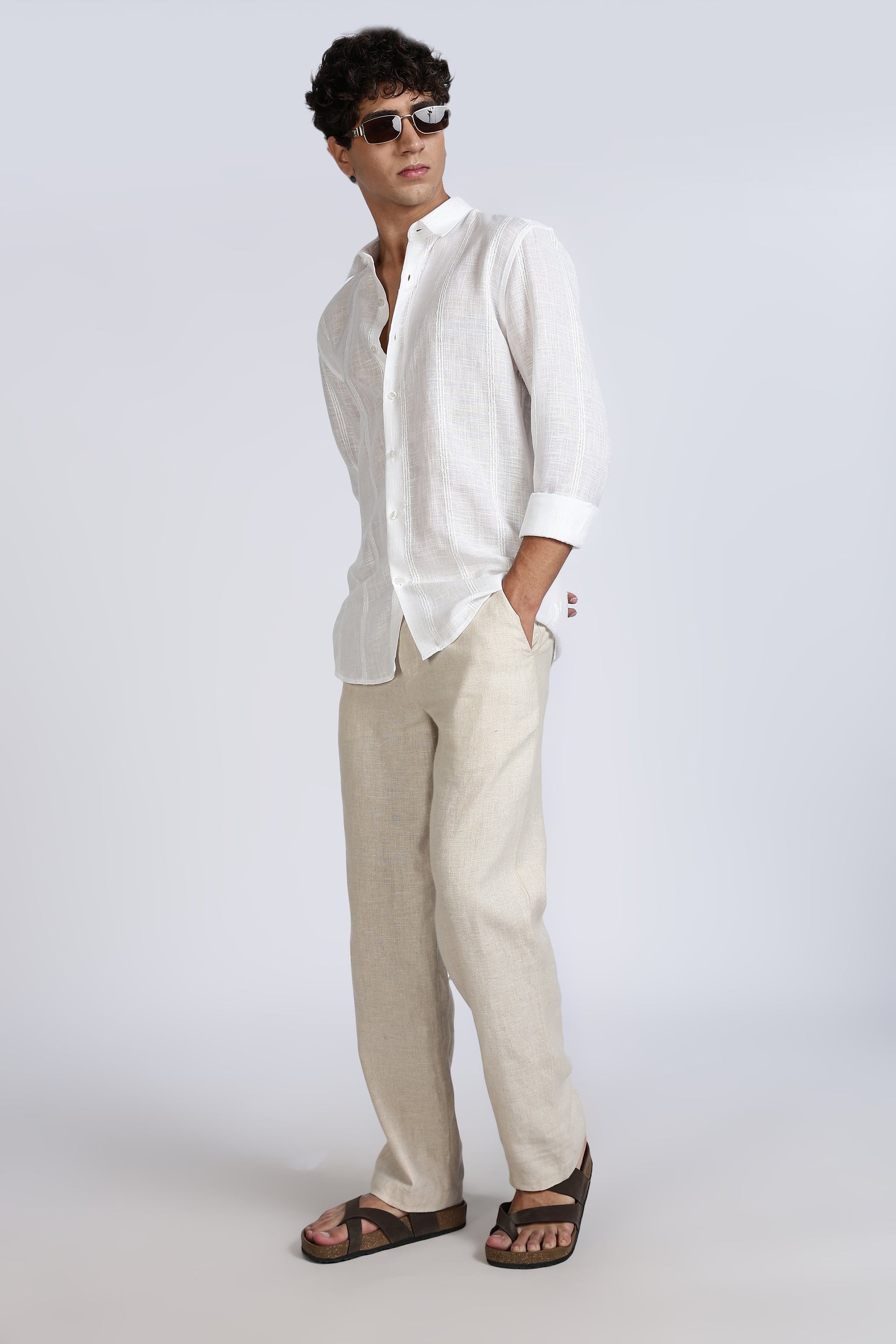 Regular Fit White Textured Linen Shirt
