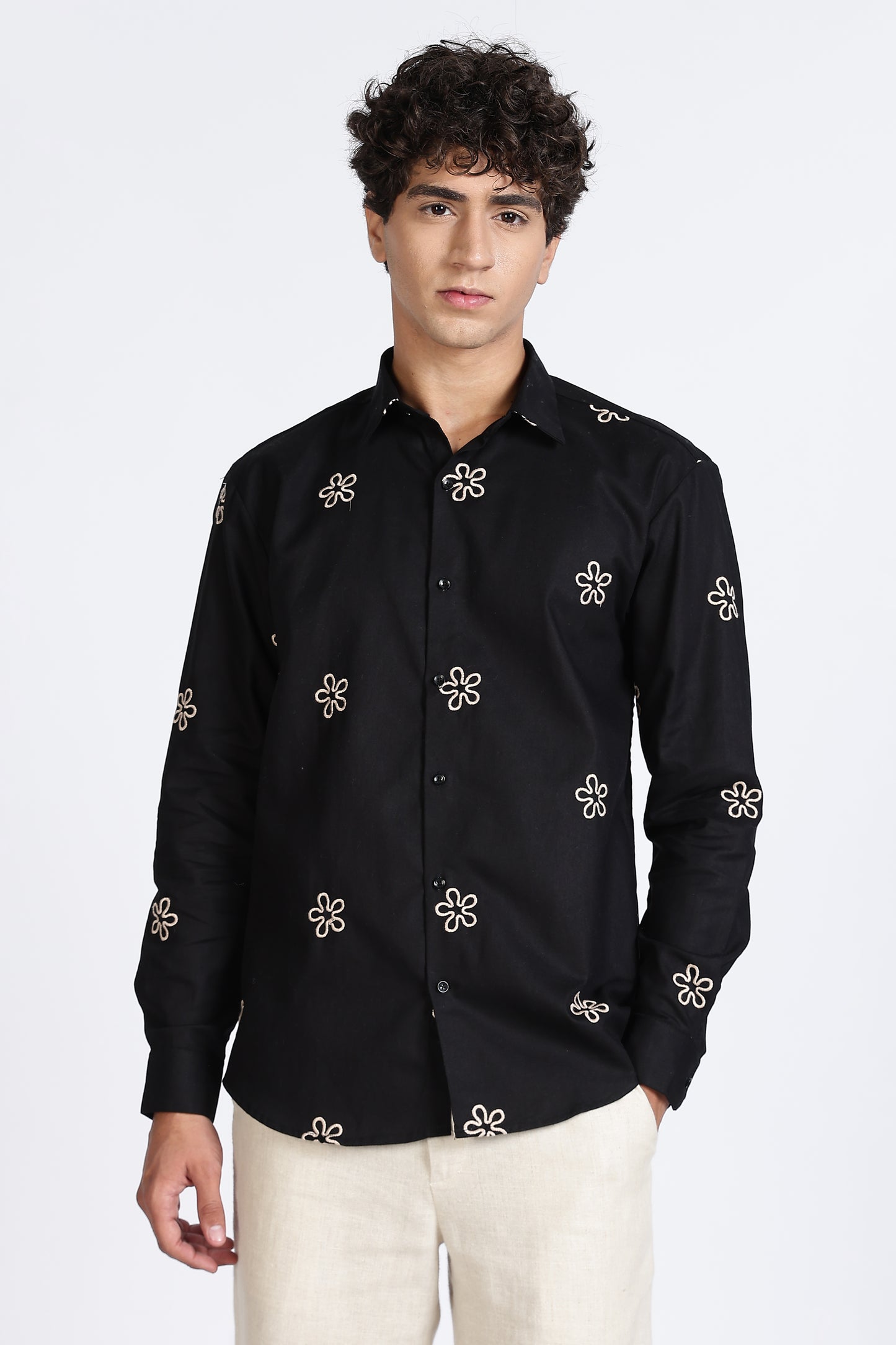 Black Embroidered Floral Designer Shirt Regular Fit
