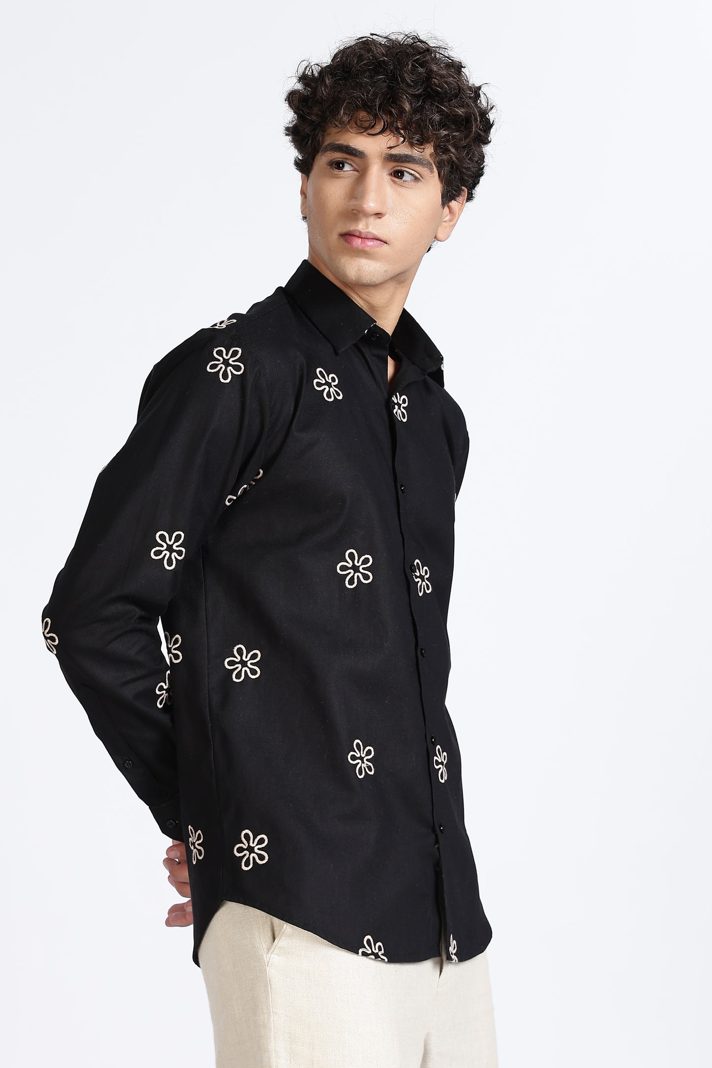 Black Embroidered Floral Designer Shirt Regular Fit