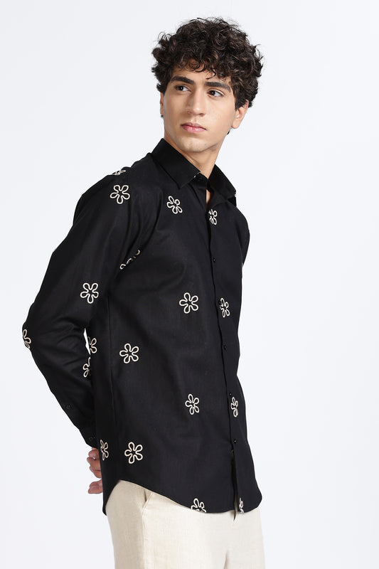 Black Embroidered Floral Designer Shirt Regular Fit