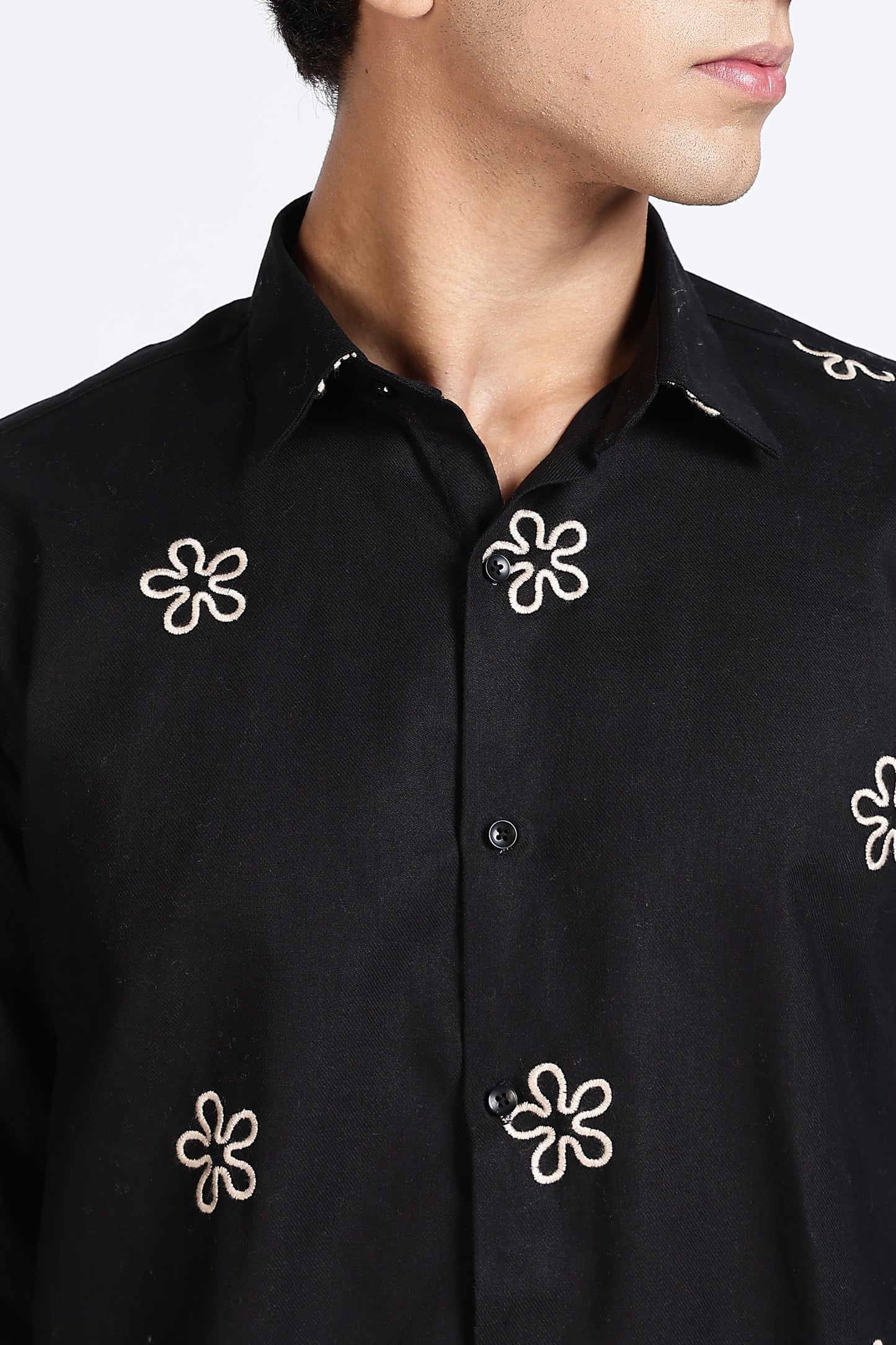 Black Embroidered Floral Designer Shirt Regular Fit