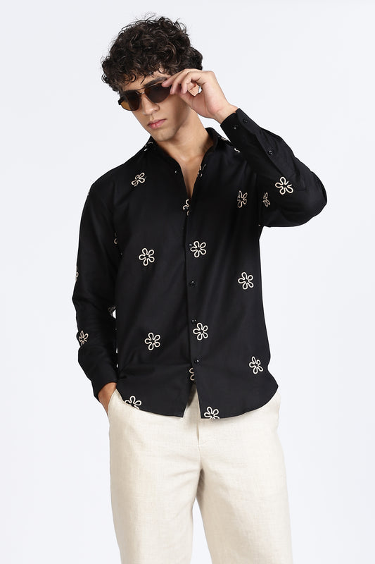 Black Embroidered Floral Designer Shirt Regular Fit