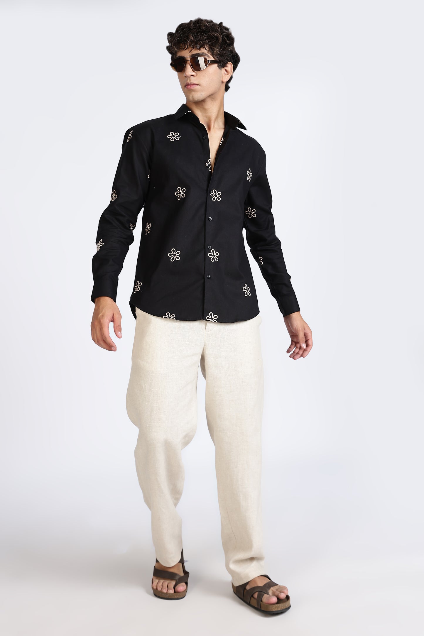 Black Embroidered Floral Designer Shirt Regular Fit