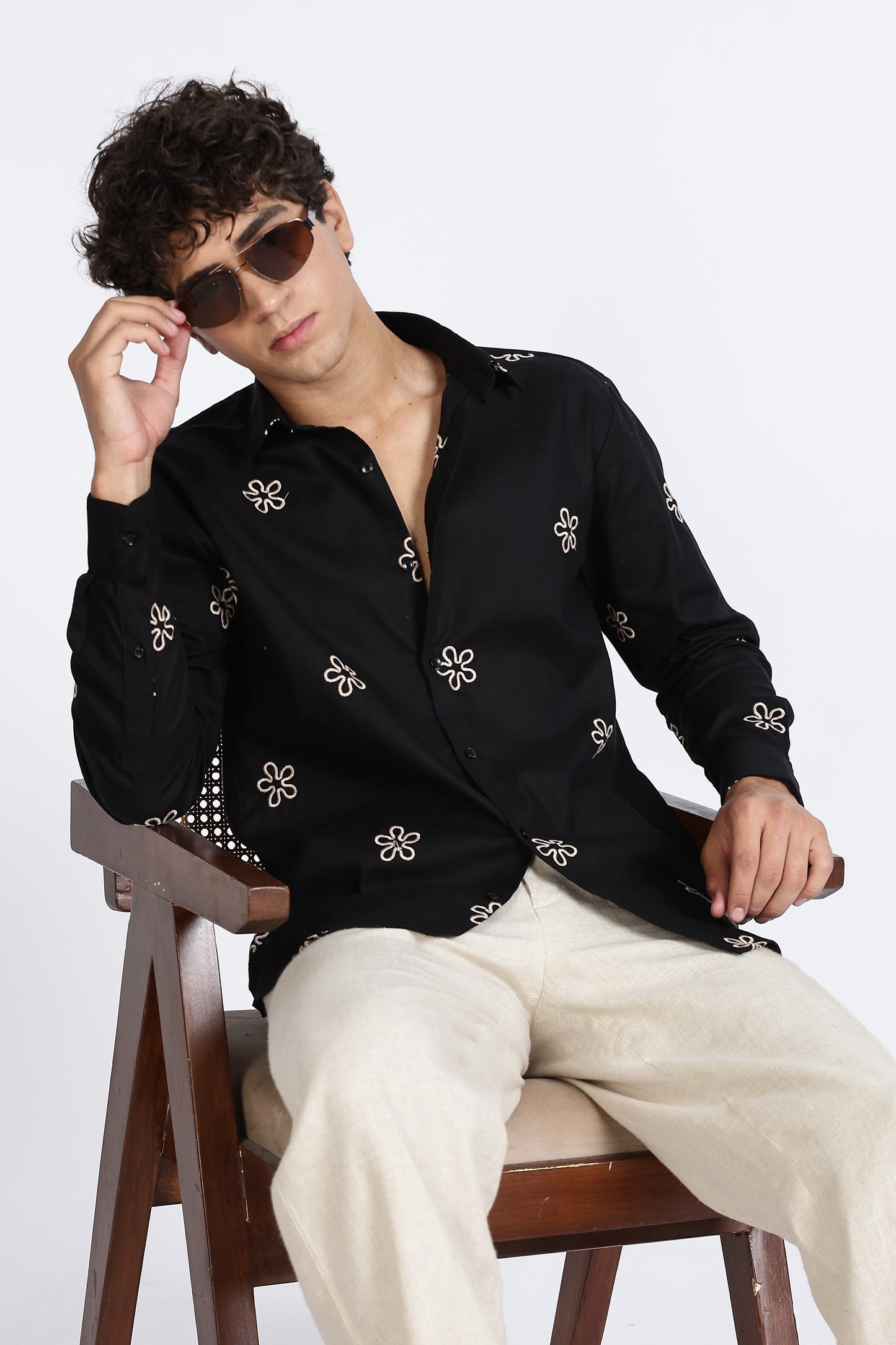Black Embroidered Floral Designer Shirt Regular Fit