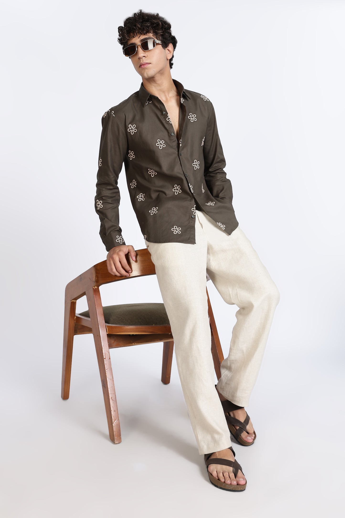 Olive Green Embroidered floral Designer Shirt Regular Fit